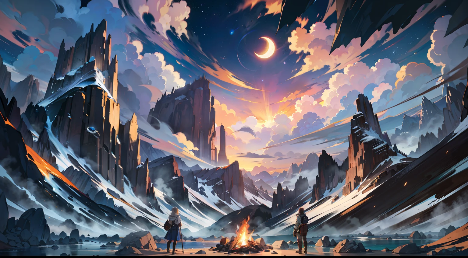 inside cave, campfire, mountains, rivers, clouds, moon, night, masterpieces, HD, high quality, best quality, highres, high quality, high details, masterpiece, anime style, anime,