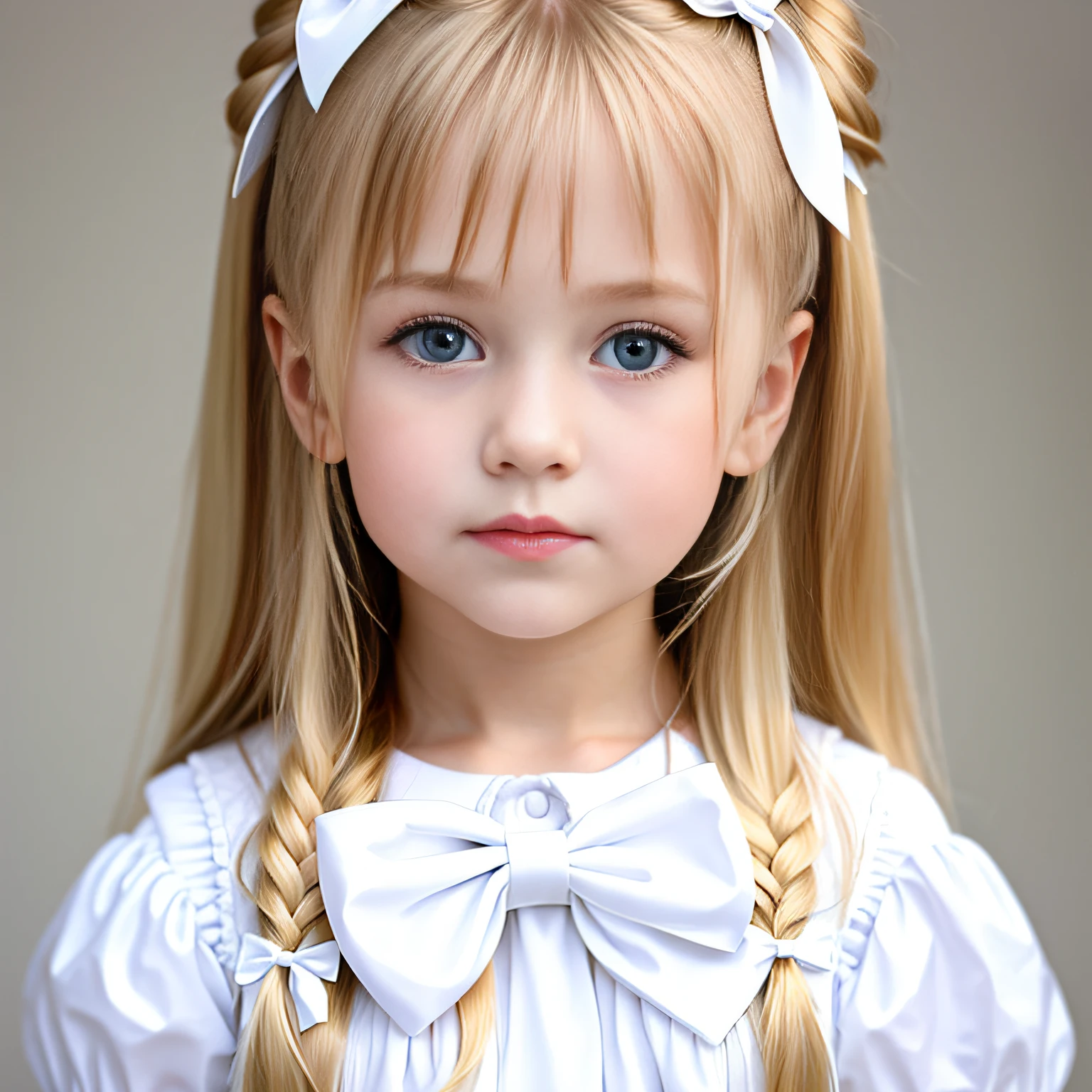 Russian, Girl Kids , Close-up, Photo Studio Infinite Background White Bust, Portrait , Long Blonde Hair and Bows