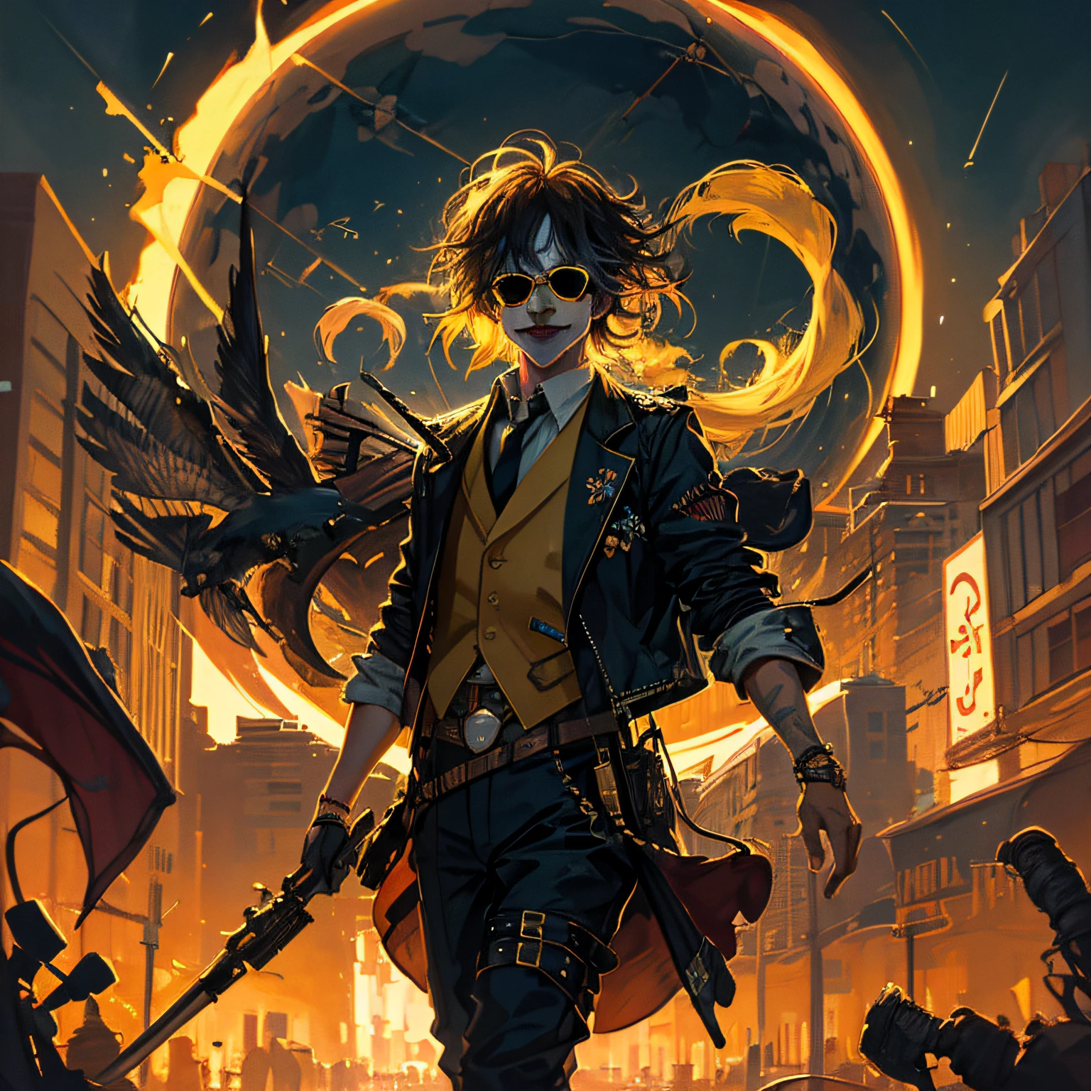 /joker in omib style, illustrator, masterpiece, high quality, 8k, high res, high detail, smiley, transparent sunglasses, cinematic overlay, vivid colors, cool soft lighting, chicago night, wind blowing, greg rutkowki style