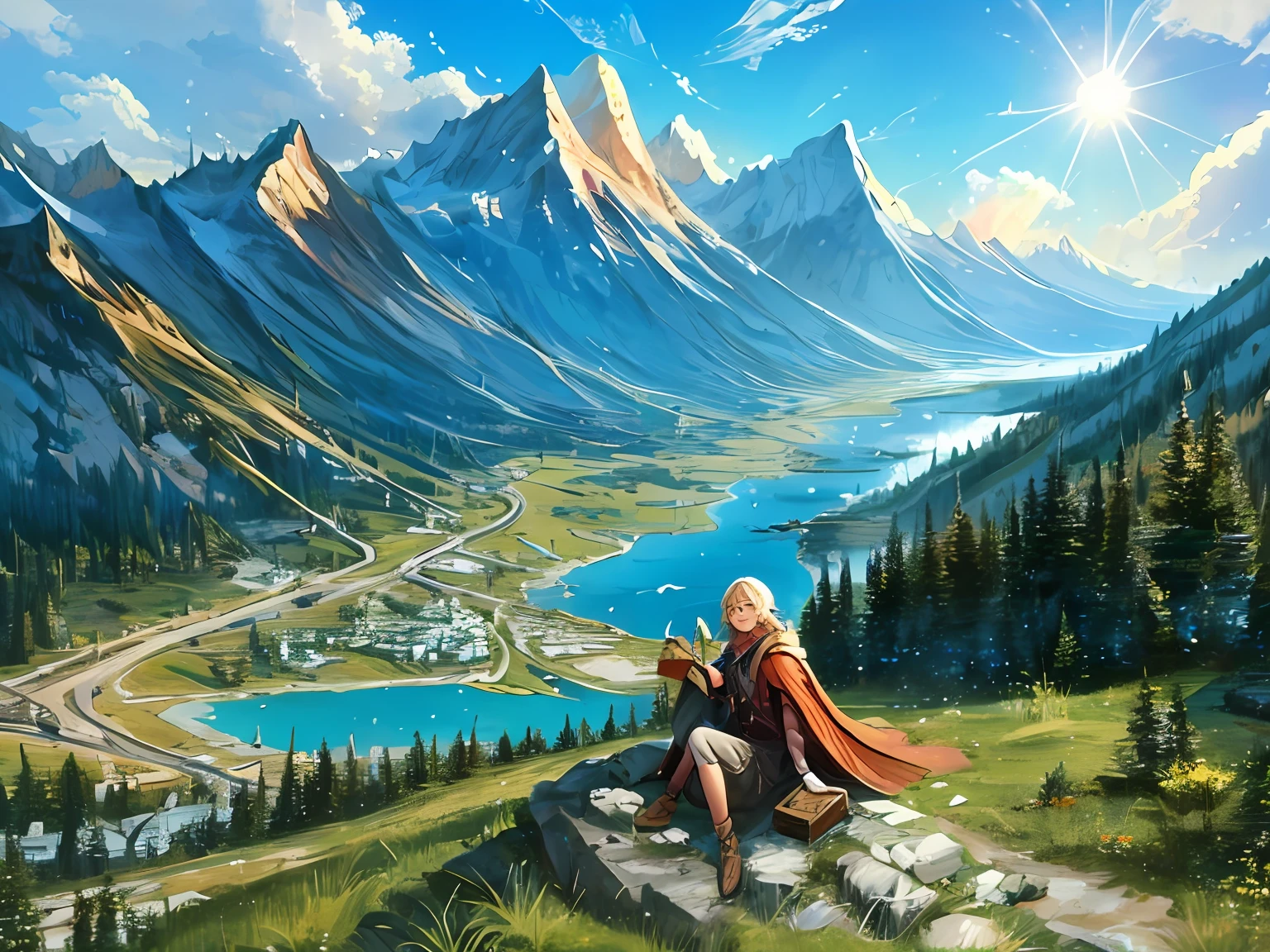 Create an image with of a mountain, with forests, rivers, birds flying, a shining sun, a young woman sitting on a rock with bird in her hands, smiling, ultrarealistic,, 3D, 8K, upscale