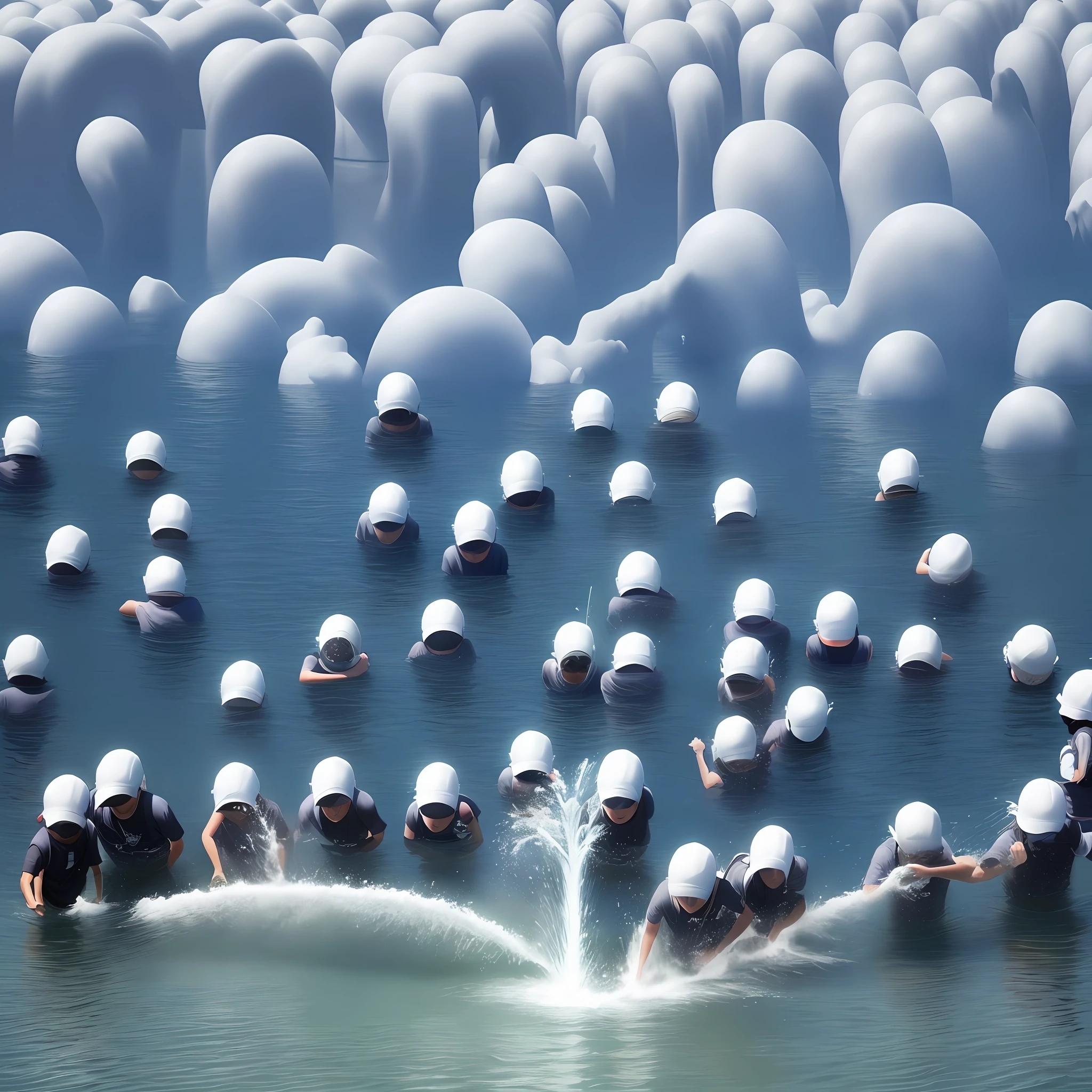 The Facebook logo with 100 people dragging in the direction: men, women, children, a water fountain, a person crawling in the direction;