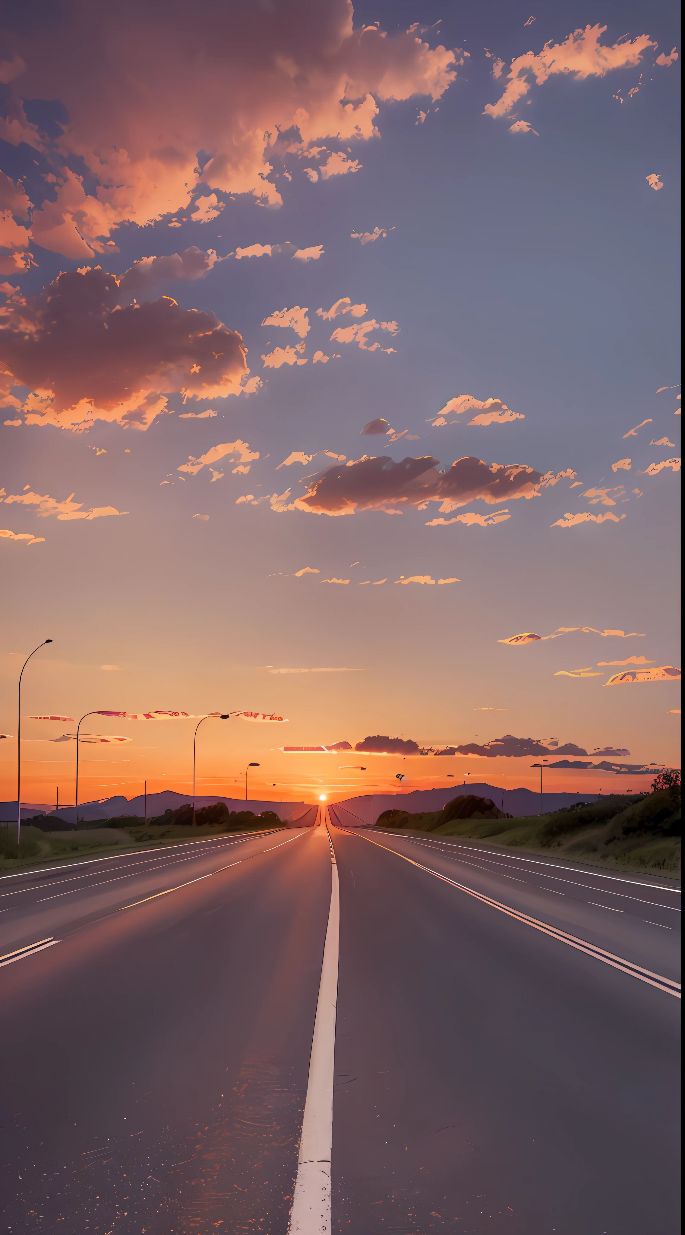 Lonely, lonely on the highway. The sky is orange-red sunset, the clouds are beautiful and romantic, and there is a little dark purple in the sky. The whole picture gives a strong sense of loneliness, melancholy and romance. Please use the best image quality and detail, high quality, UHD, 16k, highres