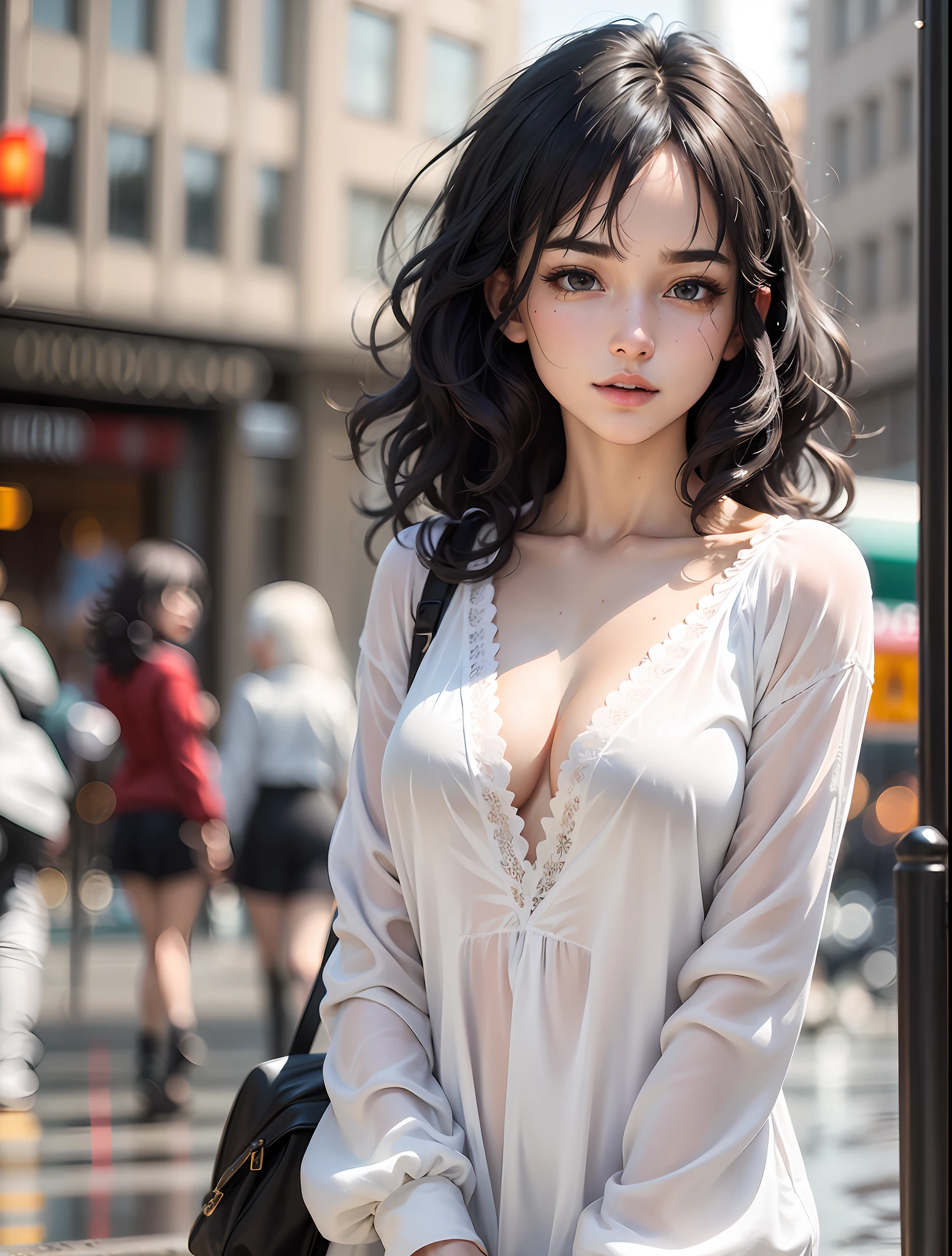 Random posture, mix4,(8k, RAW photo, best quality, masterpiece:1.2), (realistic, photo-realistic:1.37),1girl,cute,cityscape, night, rain, wet, professional lighting, photon mapping, radiosity, physically-based rendering,, gradient black colour hair,, White hair, short curly hair, handsome, girl, white ball suit, top quality picture, high resolution, 1080p, (clear face), (detailed facial description), (detailed hand description), (masterpiece), (exquisite CG), extreme light and shadow, messy hair, master's work, rich details, (fine facial features), (highest quality picture), (masterpiece), (detailed eyes),Look ahead with your eyes,Fine collarbone