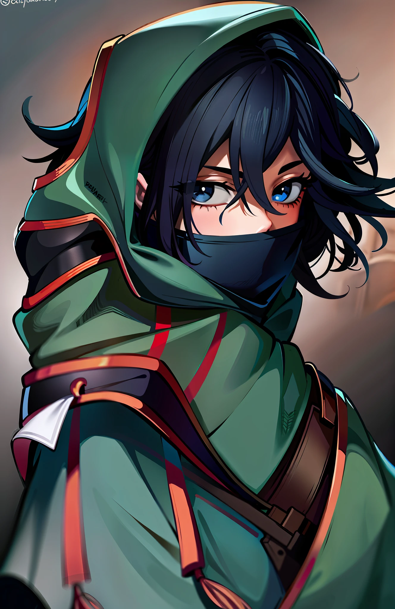 a close up of a person wearing a hood and a scarf, unknown artstyle, portrait of a dnd character, colored sketch, concept headshot art, but the armor covers her face, portrait dnd, as a dnd character, portrait of bedouin d&d, jett from valorant, detailed character portrait, sketchy artstyle, sage ( valorant )