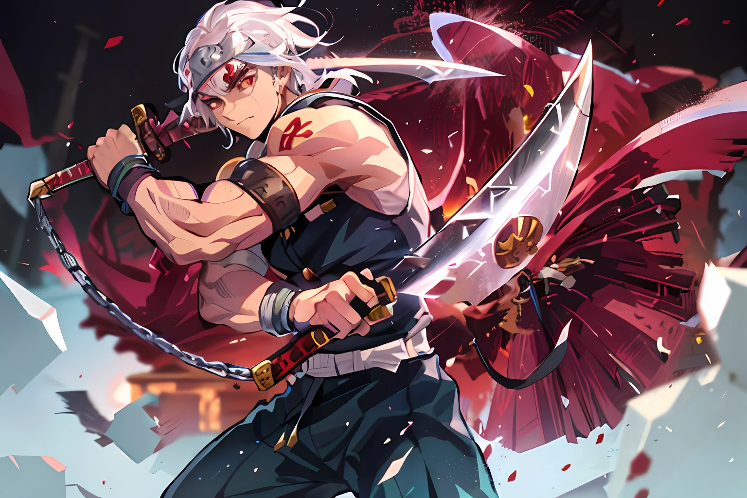 A shinobi standing on a rooftop wielding 2 blades, 1guy, demon slayer, tengen uzui, shinobi, anime, ultra detailed, beautiful body, detailed clothes, good physique, detailed background, white hair, sword, running, chain, 1guy, solo, fullbody, perfect details, good anatomy, ((tengen dual nichirin sword:0,8)), the sword from the reference image