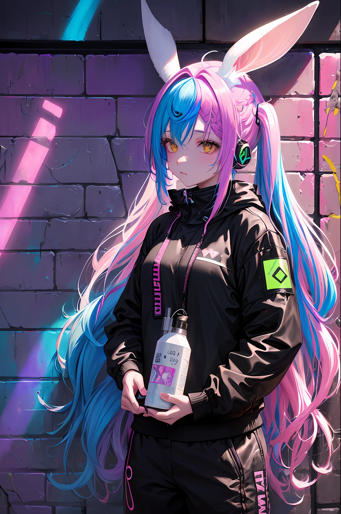 (Masterpiece:1.2), best quality, (illustration:1.2), (ultra-detailed),Eye focus,(Masterfully crafted Glow, pink lens flare), (Cinematic background), hyper details,(delicate detailed), (intricate details), octane render, hdr, (hyperdetailed:1.15), (((colourful))),(soft light:1.2), 1girl,(bunny ears:1.3) , (bunny girl), (bunny tail:1.5), beautiful girl, ultra detailed eyes, mature, plump, thick, rainbow painting drops, paint teardrops, woman made up from paint, entirely paint, splat, splash, (outside), (bioluminescent hair:1.5),(glowing eyes:1.2), ((makeup)),(Cinematic masterpiece), fierce, powerful, splashes of colour absolutely eye-catching, (Cinematic headlight), (realistic bounce lighting:1.2),((caustic)), dynamic angle, beautiful detailed glow, ambient occlusion, ambient light, raytraced reflections,(best illumination, an extremely delicate and beautiful), ((cinematic light)), (soft:2), (whimsical:2) , intricate background, vibrant, dreamscape, (painting graffiti:1.3), (glowing tail), (painted city landscape), (Urban),(realistic urban fashion), (expressive:1.2), good form, athletic , (mirrored world), (long flowing black hair:1.1), wavy hair, (colourful hair highlights),(Cyberpunk Techwear Japanese Streetwear Longline Hoodie),(Cyberpunk Streetwear Kanji Joggers), glowing headphones, beanie, (graffiti wall), unfinished graffiti, ghetto,(looking at wall:2),black hoodie, (backwall present),(holding spraycan:1.3), (colourful mist), buckles, belts, straps, a girl standing in front of a graffiti wall, cyberpunk art, (by LAM), Mika Pikazo, graffiti, techwear jacket, black gloves, with buckle and tape, (blue and pink hair),(Dual colour hair:2),(Blue hair),
