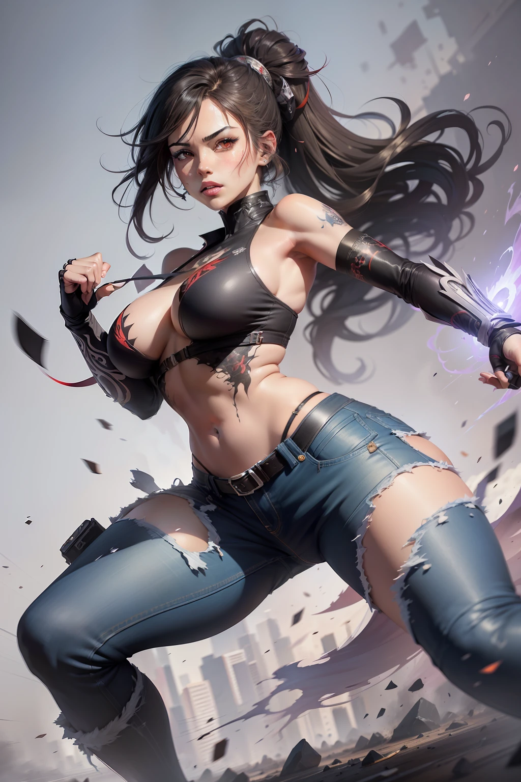 :: comix style by Serg Acuna:: beautiful, perfect and detailed, ultra detailed anime style mmorpg last origin clothes with tatoon designs and colors of light pink, black, white and gray, in various full-body attack poses and with immersive effects, hover effect, background graffiti style with vibrant colors "ultra HDR" detailed and with focus effect,  (masterpiece: 1.2, best quality), (finely detailed beautiful eyes: 1.2), ((1Girl Kelly Brook Beautiful Woman )),long, straight black hair, with a natural sheen and fastened like a ponytail ((Solo)), (Red eyes:1.4), (Finely detailed eyes and detailed face:1.3),), (With ULTRA DETAILED jeans and a white shirt with ultra detailed tatoom print throughout:1.3),  (Beautiful and clear background:1.2), (Extremely detailed CG, Ultra-detailed, Best Shadow:1.1),("" character demonstrating his super power in the fist"")((Depth of field and blur)), ((Watercolor)), Large breasts, Bare shoulders, Flowers and petals, Beautiful conceptual illustration , (white background:0.5), (Illustration :1.1), (extremely thin and beautiful: 1.1), (perfect details: 1.1) graffiti style background, freedom, soul, digital illustration,  perfect anatomy, centered, approaching perfection, dynamic, highly detailed, watercolor painting, artstation, conceptual art, smooth, sharp focus, illustration, art by meat Griffiths and Wadim Kashin, heterochromia, perfect anatomy, centered, approaching perfection, dynamic, highly detailed, character sheet, artstation, conceptual art, smooth, sharp focus, illustration, art by Kim Jung Gi,, Artgerm, Carne Griffiths and Wadim Kashin ,  Sasha Yakovleva, Loish, Jeremy Mann, Full Body Shot, Character Sheet, Lightning Wave, Beautiful Anime Watercolor Painting, Paint Dripping by Tim Okamura, Victor NizoVTSEV, Greg Rutkowski, Noah Bradley. Trend in Artstation, 8K, masterpiece, graffiti paint, fine detail, full of color, intricate detail, golden aspect ratio illustration, monochrome backgroun