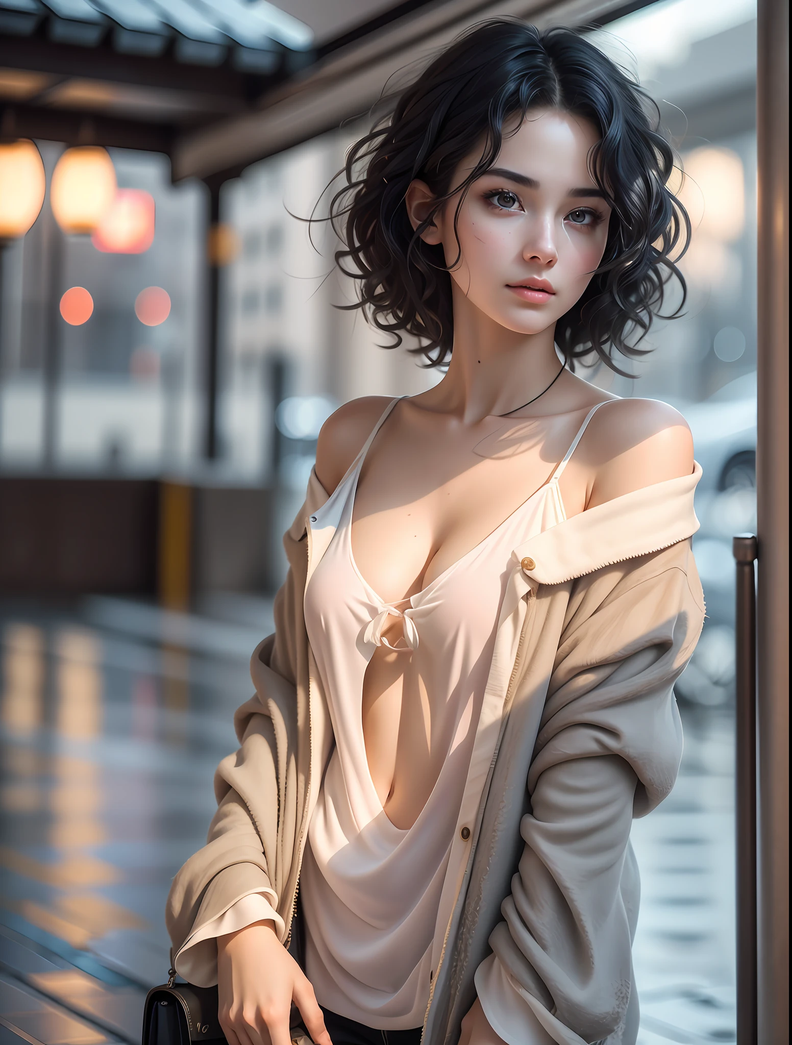 Random posture, mix4,(8k, RAW photo, best quality, masterpiece:1.2), (realistic, photo-realistic:1.37),1girl,cute,cityscape, night, rain, wet, professional lighting, photon mapping, radiosity, physically-based rendering,, gradient black colour hair,, White hair, short curly hair, handsome, girl, white ball suit, top quality picture, high resolution, 1080p, (clear face), (detailed facial description), (detailed hand description), (masterpiece), (exquisite CG), extreme light and shadow, messy hair, master's work, rich details, (fine facial features), (highest quality picture), (masterpiece), (detailed eyes),Look ahead with your eyes,Fine collarbone