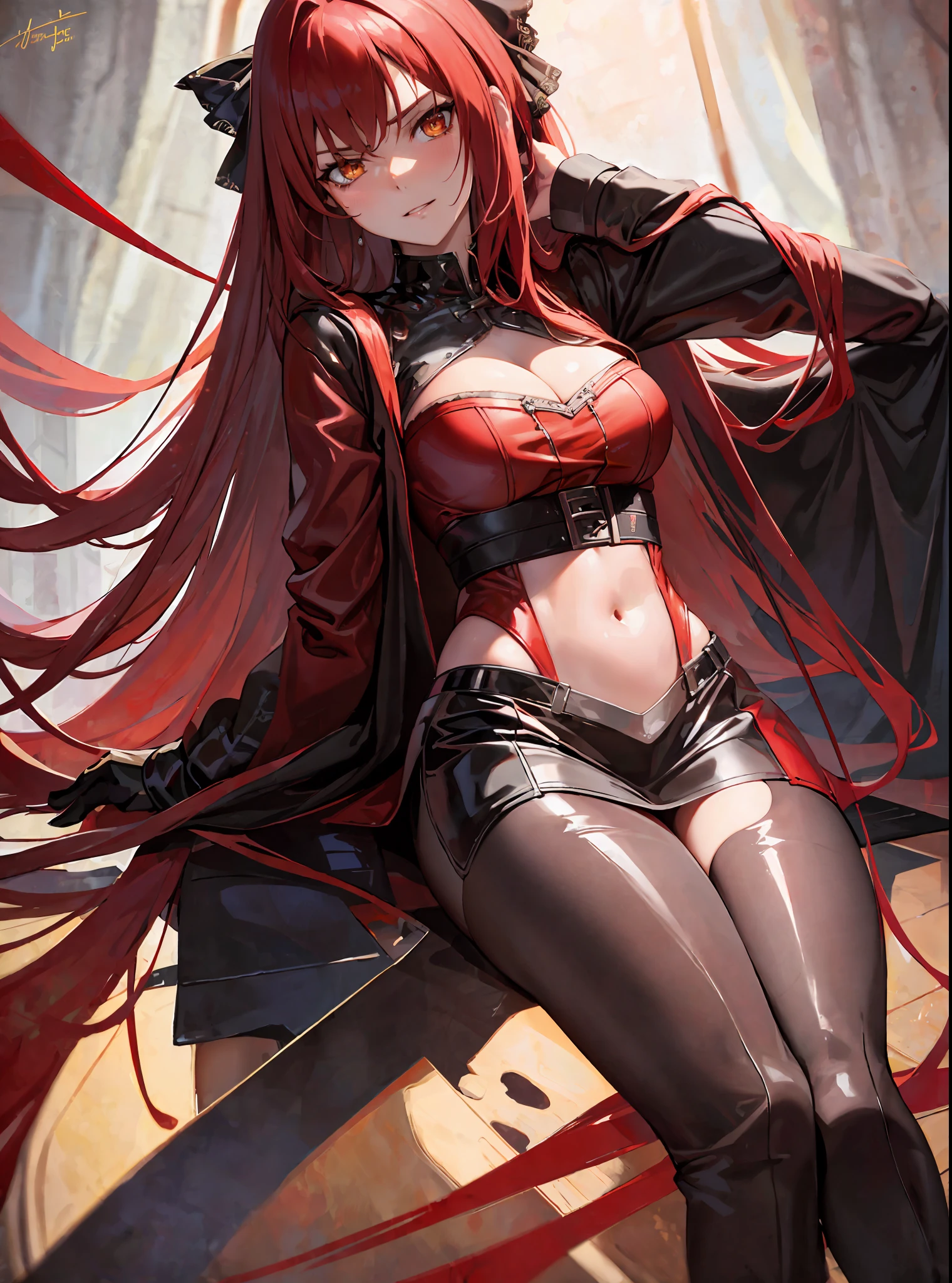(masterpiece, best quality) an adult woman with very long red hair with short red latex dress, black bows, long stockings, sexy, sensual clothes, black boots, torn clothes, queen, yellow eyes, serious, blood, emotionless, white room, straight bangs, very long red hair, evil, (yellow eyes), gothic, medium chest, head-to-waist portrait, cinematics, color oil painting, cinematic lighting, extremely detailed face, finely detailed face, beautiful face, beautiful eyes, perfect lighting, depth of field, realistic proportions, good anatomy,