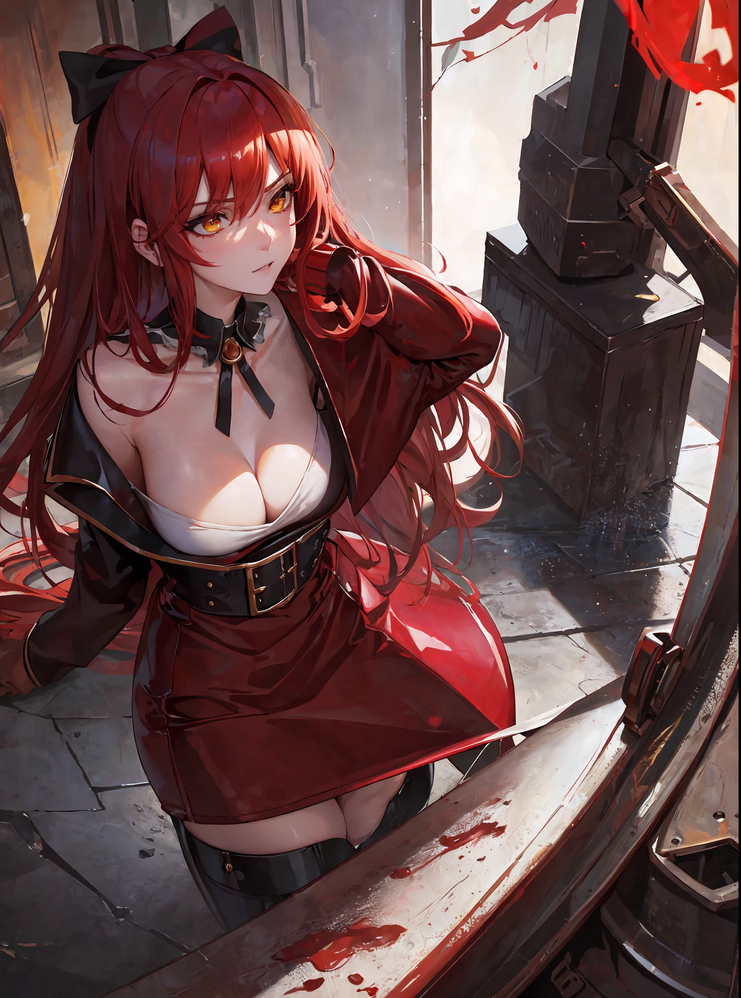 (masterpiece, best quality) an adult woman with very long red hair with short red latex dress, black bows, long stockings, sexy, sensual clothes, black boots, torn clothes, queen, yellow eyes, serious, blood, emotionless, white room, straight bangs, very long red hair, evil, (yellow eyes), gothic, medium chest, head-to-waist portrait, cinematics, color oil painting,  cinematic lighting, extremely detailed face, finely detailed face, beautiful face, beautiful eyes, perfect lighting, depth of field, realistic proportions, good anatomy,