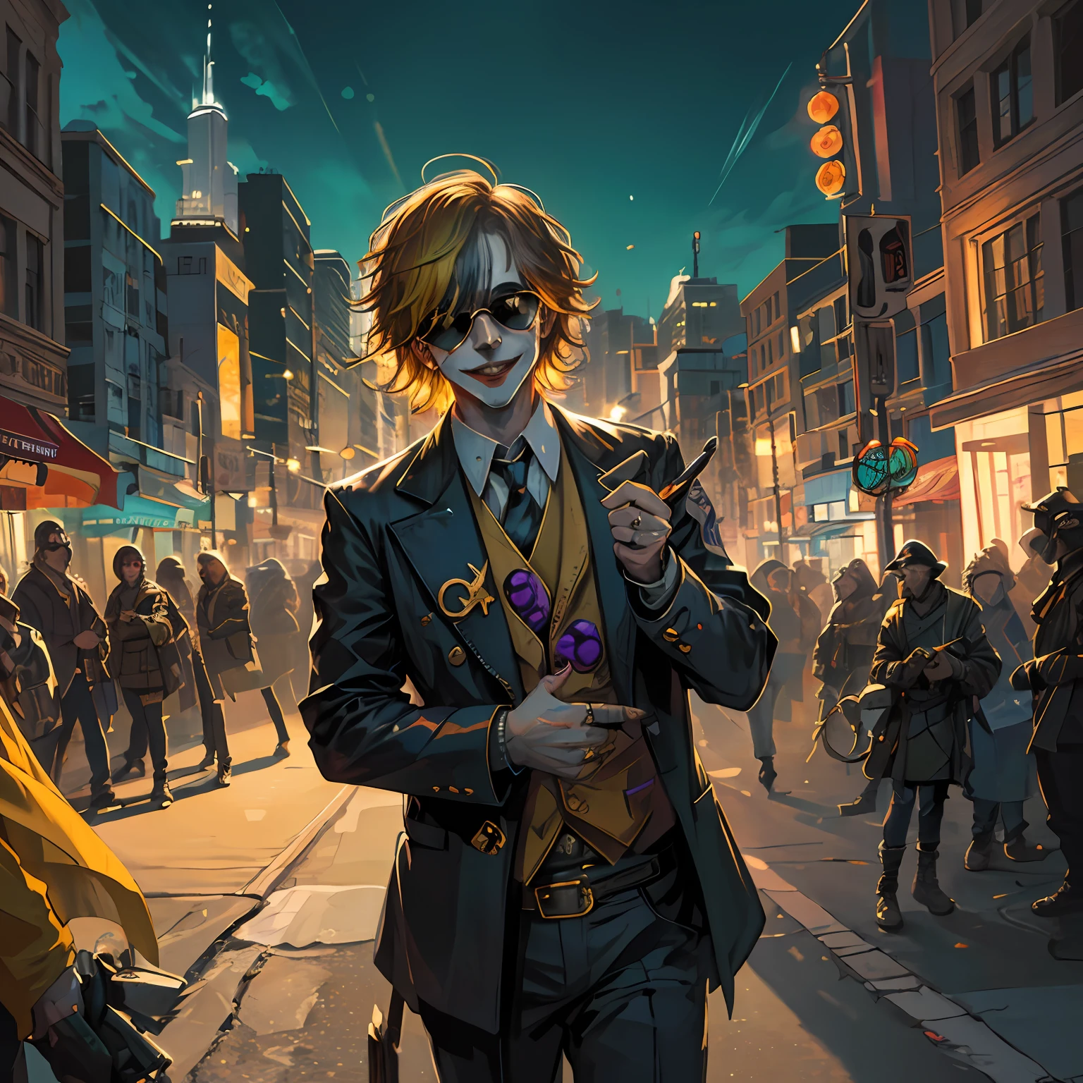 /joker in omib style, illustrator, masterpiece, high quality, 8k, high res, high detail, smiley, transparent sunglasses, cinematic overlay, vivid colors, cool soft lighting, chicago night, wind blowing, greg rutkowki style