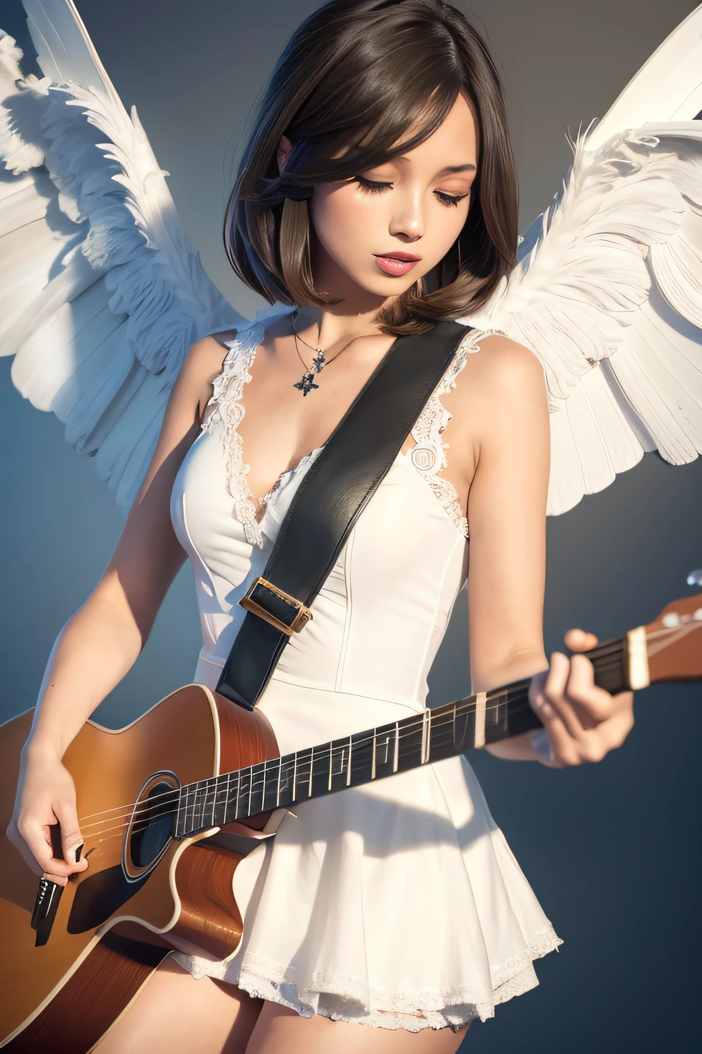 ((masterpiece, best_quality)), 1girl, light brown skin color, brunette, malefic style wings (photorealistic: 1.4), solo, white_background, white_hair, short_hair, zettai_ryouiki, skirt, blue tights, playing guitar ((full_body)),