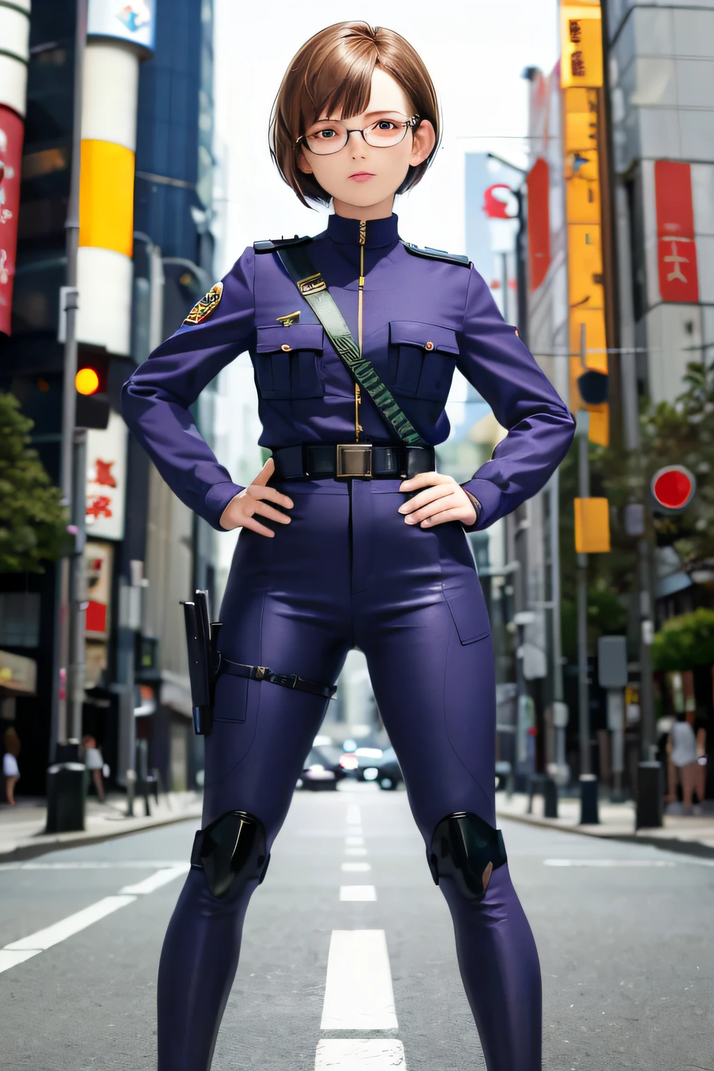 ((masterpiece)). ((best quality)), 1girl, solo, short hair, brown hair, purple eyes, (full body), standing, hands on hip, bangs, japanese police uniform, glasses, tokyo city backdrop,