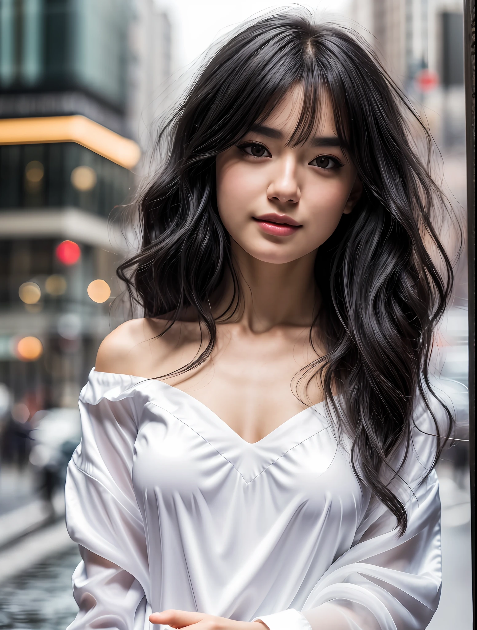 Random posture, mix4,(8k, RAW photo, best quality, masterpiece:1.2), (realistic, photo-realistic:1.37),1girl,cute,cityscape, night, rain, wet, professional lighting, photon mapping, radiosity, physically-based rendering,, gradient black colour hair,, White hair, short curly hair, handsome, girl, white ball suit, top quality picture, high resolution, 1080p, (clear face), (detailed facial description), (detailed hand description), (masterpiece), (exquisite CG), extreme light and shadow, messy hair, master's work, rich details, (fine facial features), (highest quality picture), (masterpiece), (detailed eyes),Look ahead with your eyes,Fine collarbone