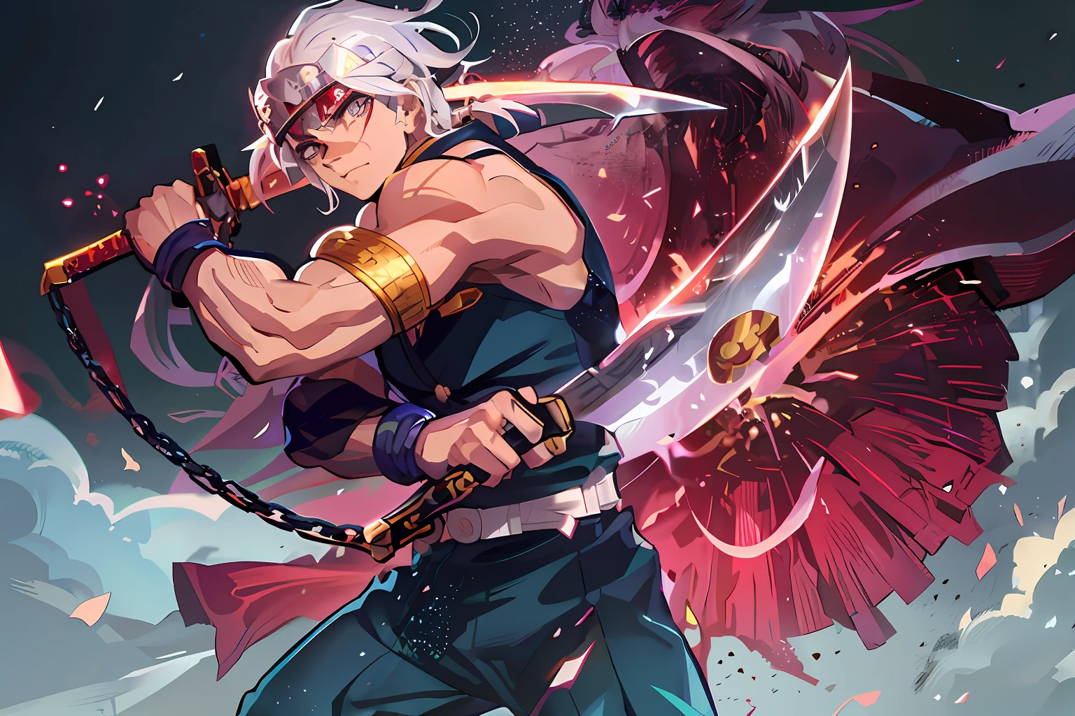 A shinobi standing on a rooftop wielding 2 blades, 1guy, demon slayer, tengen uzui, shinobi, anime, ultra detailed, beautiful body, detailed clothes, good physique, detailed background, white hair, sword, running, chain, 1guy, solo, fullbody, perfect details, good anatomy, ((tengen dual nichirin sword:0,8)), the sword from the reference image