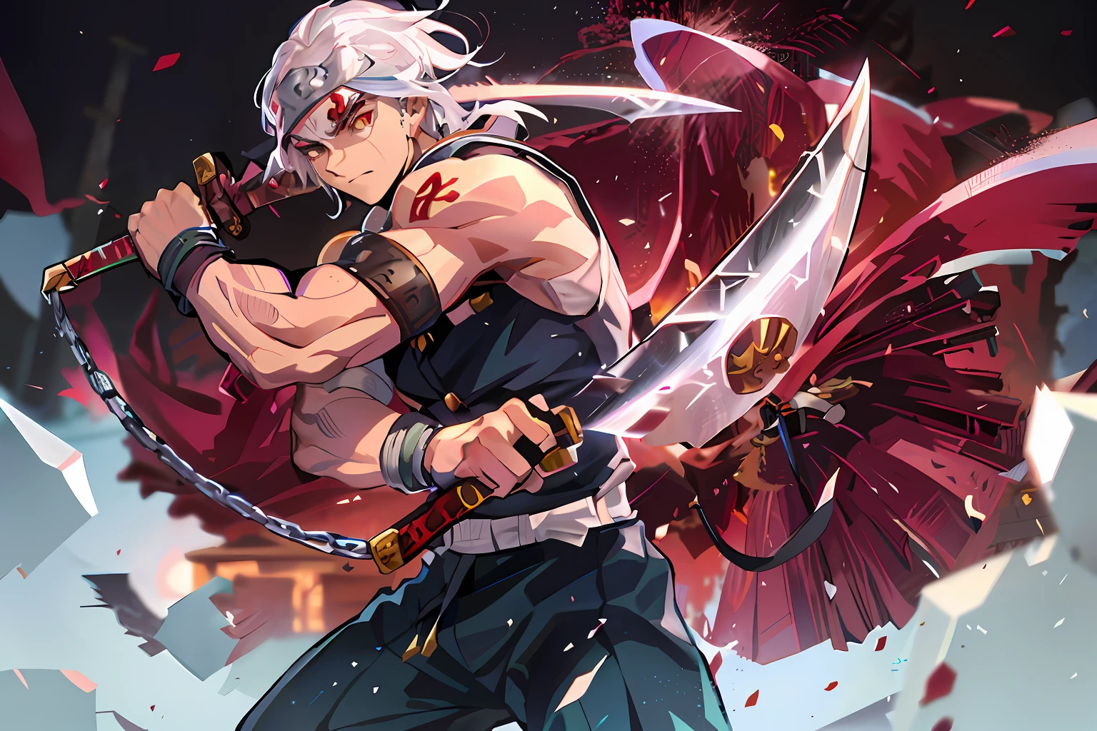 A shinobi standing on a rooftop wielding 2 blades, 1guy, demon slayer, tengen uzui, shinobi, anime, ultra detailed, beautiful body, detailed clothes, good physique, detailed background, white hair, sword, running, chain, 1guy, solo, fullbody, perfect details, good anatomy, ((tengen dual nichirin sword:0,8)), the sword from the reference image