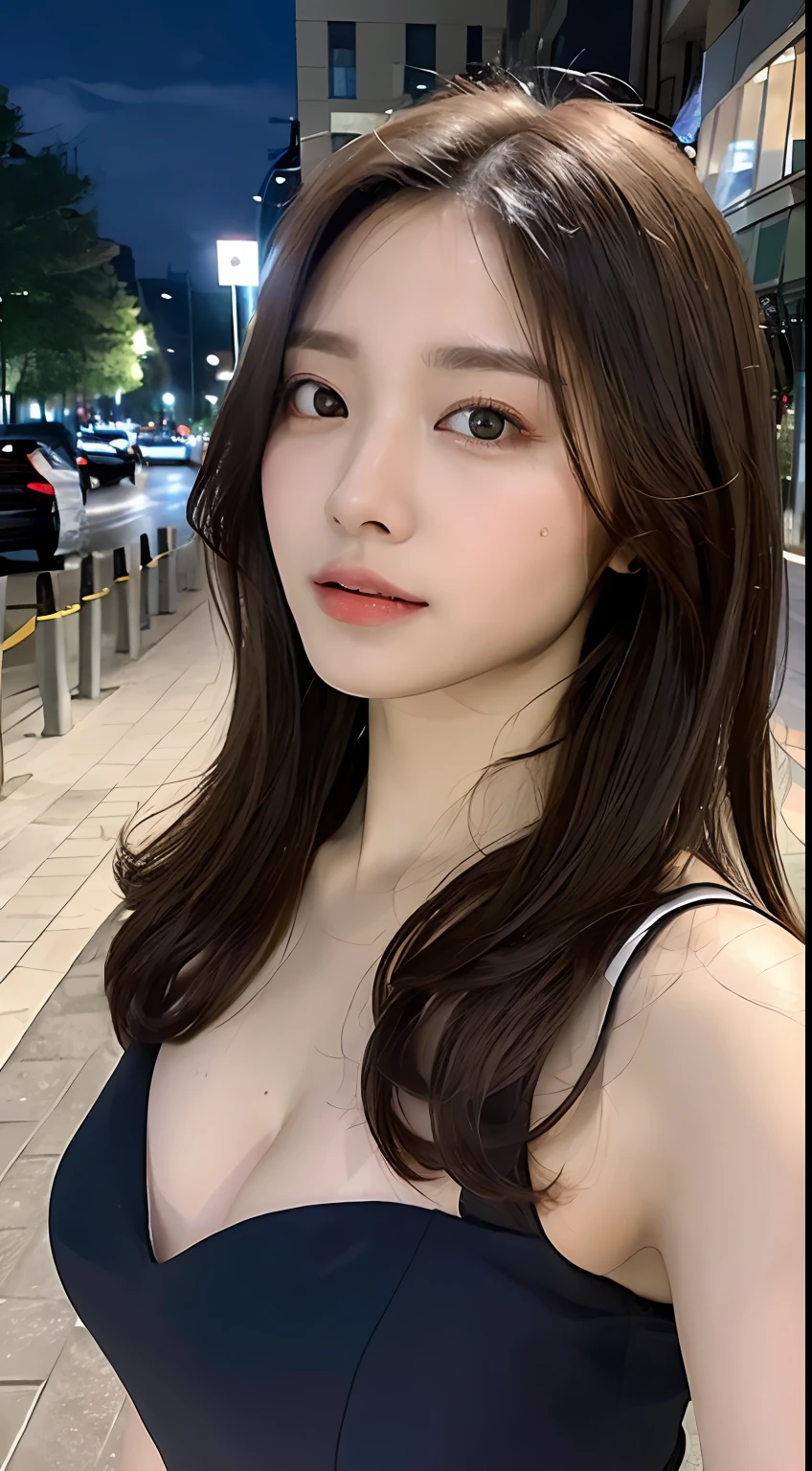 ((Realistic lighting, Best quality, 8K, Masterpiece: 1.3)), Clear focus: 1.2, 1girl, Perfect body beauty: 1.4, Slim abs: 1.1, ((dark brown hair, Big breasts: 1.3)), (Aqua dress: 1.4), (Outdoor, night: 1.1), City streets, Super fine face, fine eyes, double eyelids, exposed cleavage