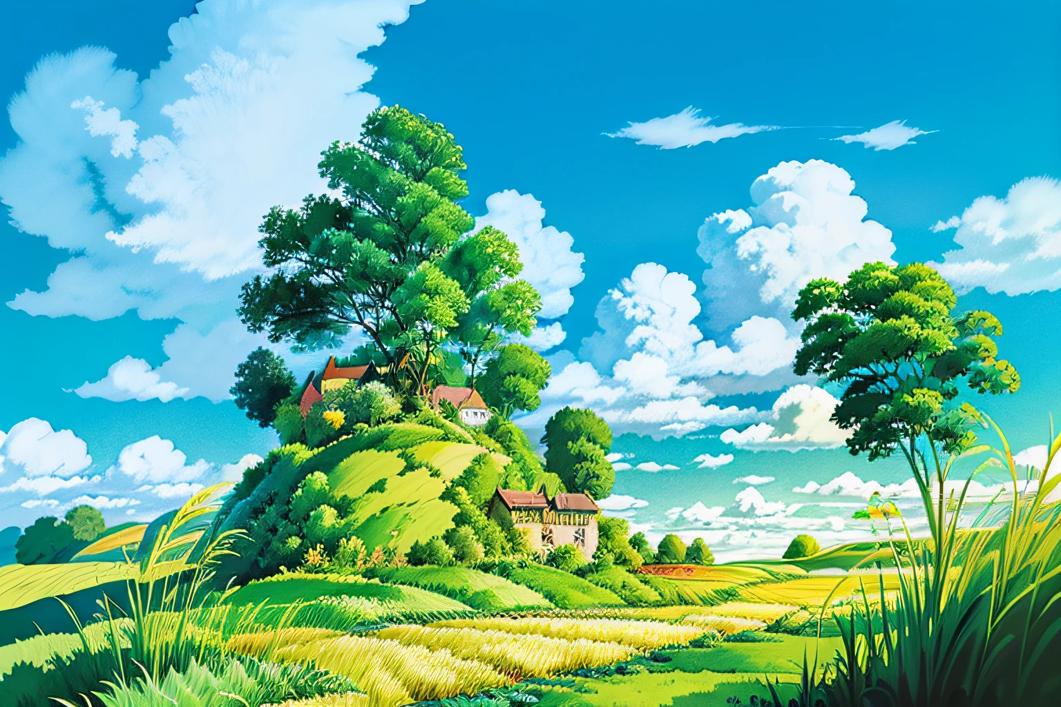 (((Best Quality))), high saturation, clear, reasonable structure, cartoon style, architecture, bridge, construction, castle, chimney, cloud, cloudy_sky, day, fantasy, door, grass, house, mountain, no_humans, outdoor, river, landscape, sky, sunset, tree, window, real, beautiful and amazing landscape oil painting Ghibli Studio Miyazaki's wheat field with blue sky and white clouds, wheat field, wheat
