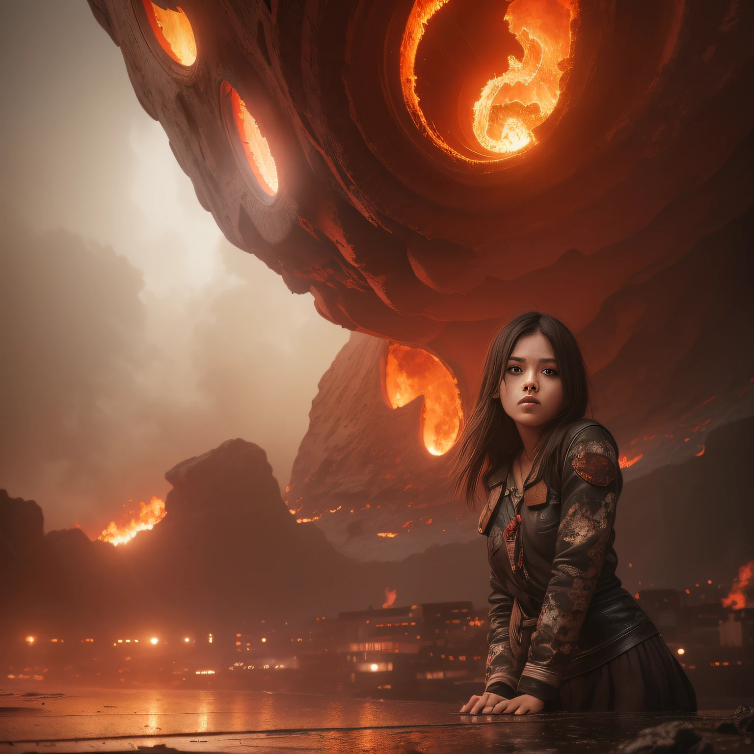 The world on fire, creepy, apocalypse, girl, afraid, despair, complex background, dynamic lighting, lights, digital painting, dynamic pose, highly detailed, intricated, clarity, high quality, a light in the darkness, , detailed oil painting, clear eyes