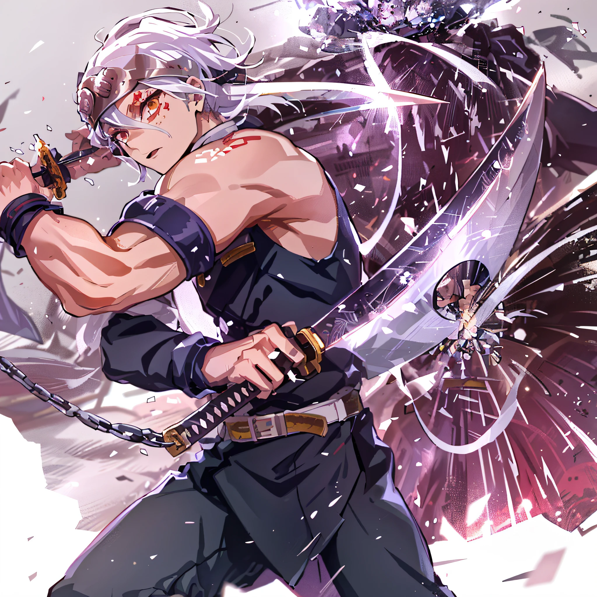 A shinobi standing on a rooftop wielding 2 blades, 1guy, demon slayer, tengen uzui, shinobi, anime, ultra detailed, beautiful body, detailed clothes, good physique, detailed background, white hair, sword, running, chain, 1guy, solo, fullbody, perfect details, good anatomy, ((tengen dual nichirin sword:0,8)), the sword from the reference image