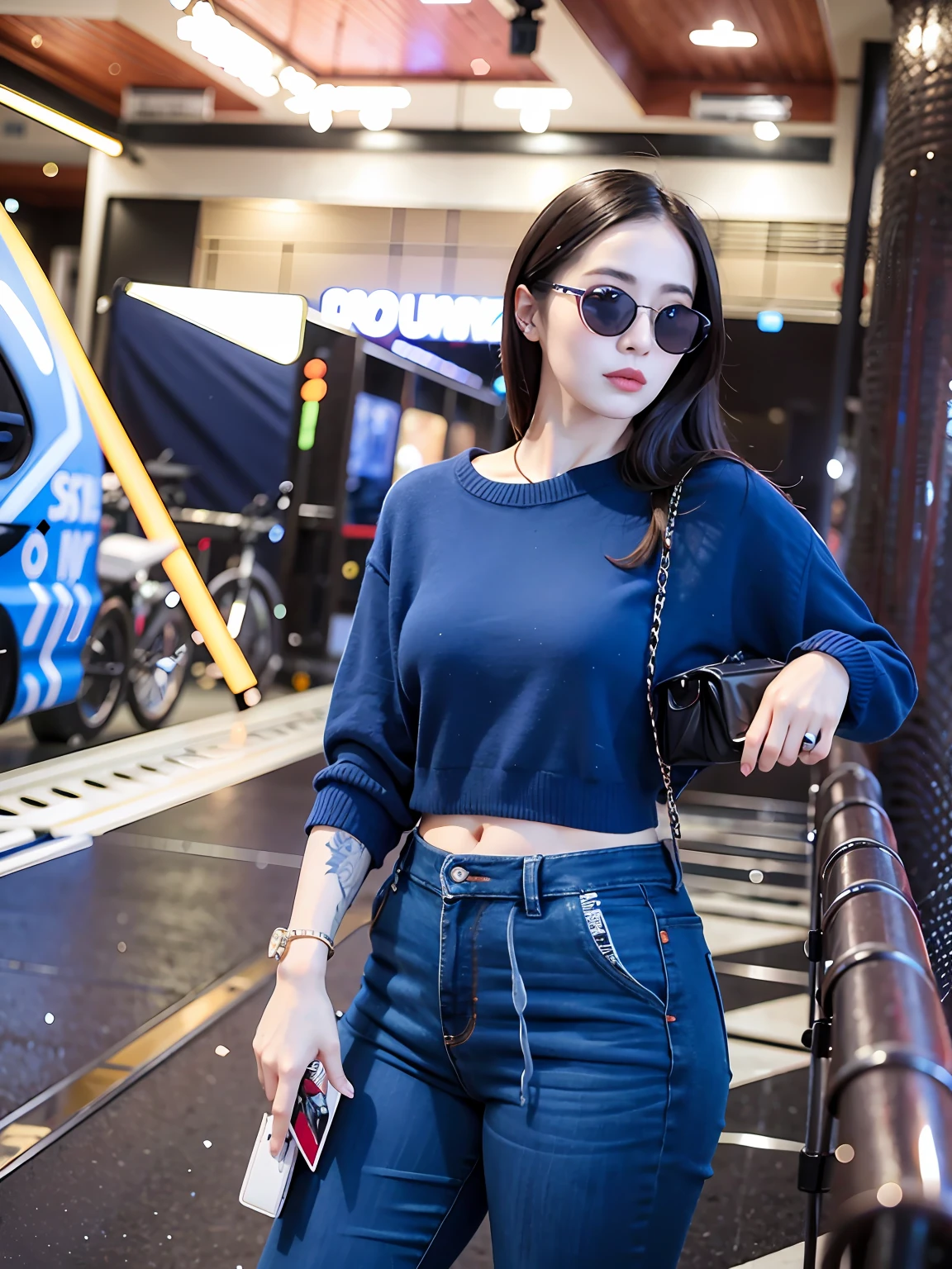 araffe woman in a blue sweater and jeans holding a cell phone, wearing a sexy cropped top, with sunglass, wearing crop top, wearing a cropped top, dilraba dilmurat, casual pose, cropped wide sleeve, with ripped crop t - shirt, jackie tsai style, skinny waist and thick hips, wearing a cropped tops, wearing casual clothes , fingers detail , black color batter fly sunglass , Black color glasses , Super thin waist , thin waist , big breast:1.7 , big breast