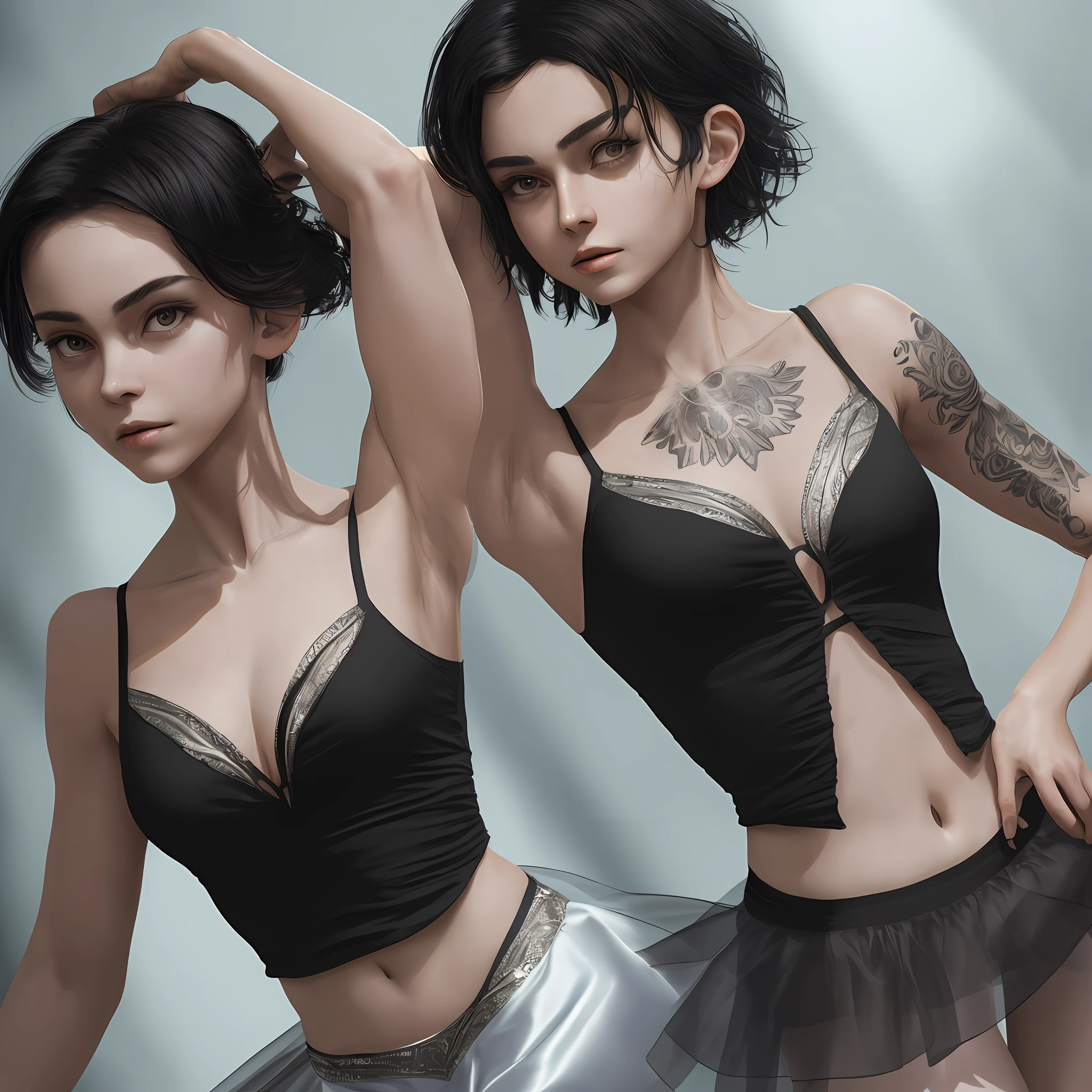 ((A ballerina)), ((1 woman)), ((very sexy)), perfect figure, black short hair, ((round breasts)), ((open shirt)), (focus on breasts), tattoo, short silk skirt, (groin: 1.2), collarbone, belly button, natural light, extremely detailed, 8yk, raw photo, high level of detail, (ray tracing), (masterpiece), (best quality), high resolution, (realistic: 1.4), physically based representation, ultra-realistic, whole body