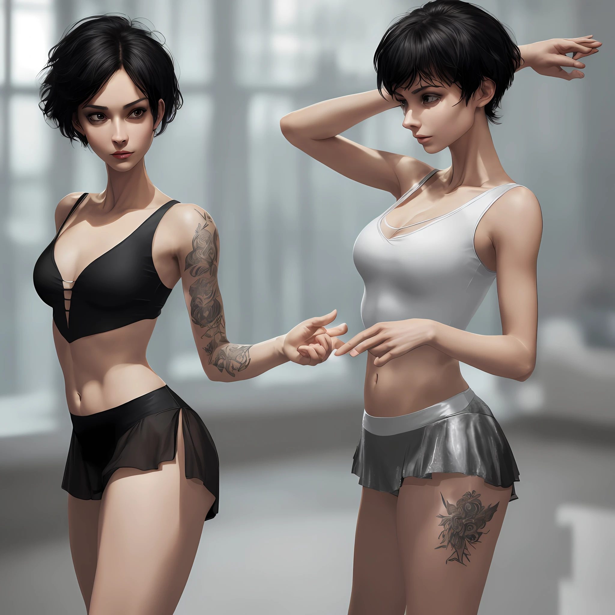 ((A ballerina)), ((1 woman)), ((very sexy)), perfect figure, black short hair, ((round breasts)), ((open shirt)), (focus on breasts), tattoo, short silk skirt, (groin: 1.2), collarbone, belly button, natural light, extremely detailed, 8yk, raw photo, high level of detail, (ray tracing), (masterpiece), (best quality), high resolution, (realistic: 1.4), physically based representation, ultra-realistic, whole body