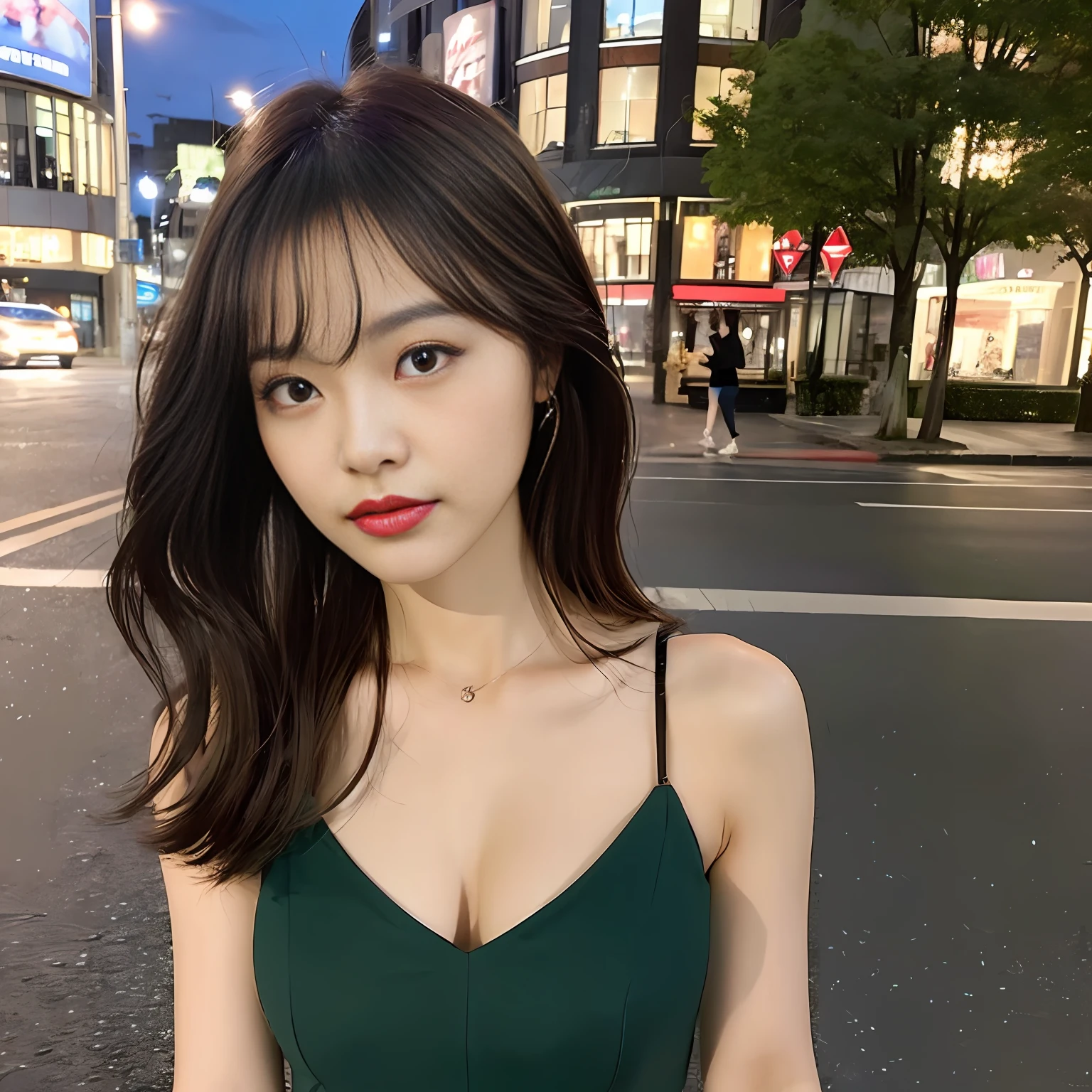 ((Realistic lighting, Best quality, 8K, Masterpiece: 1.3)), Clear focus: 1.2, 1girl, Perfect Body Beauty: 1.4, Slim Abs: 1.1, ((Dark Brown Hair, Big Breasts: 1.3)), (Aqua Dress: 1.4), (Outdoor, Night: 1.1), City Street, Super Fine Face, Fine Eyes, Double Eyelids