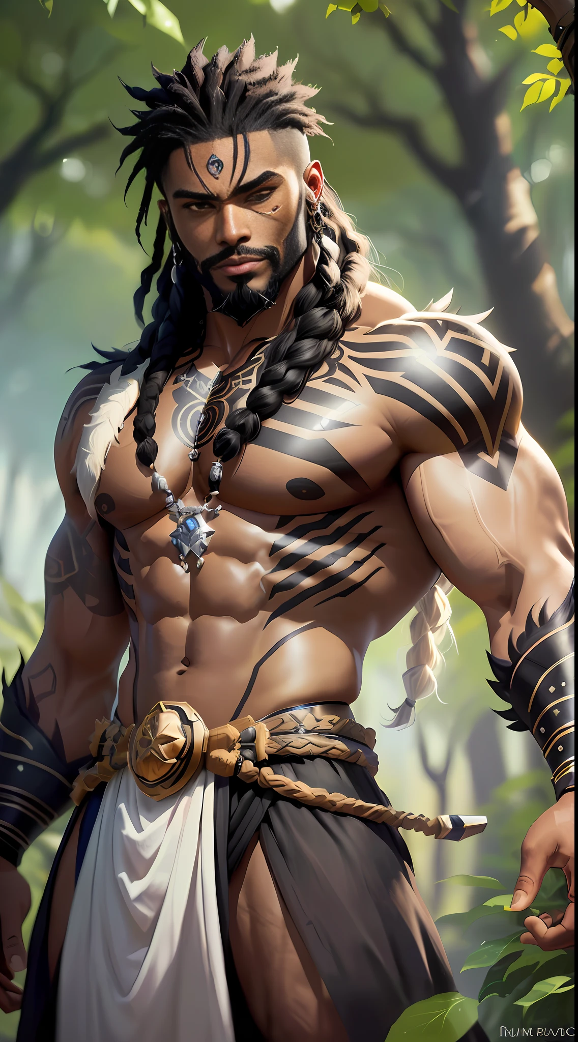 A closeup of a black man with a beard and chest tattoos, muscular male hero, muscular character, Overwatch hanzo, male warrior, detailed full-body concept, turning into Bear, hyper-detailed fantasy character, Bear, with glowing runes on his body, photo of an adult male warrior, commission for high res, super buff and cool