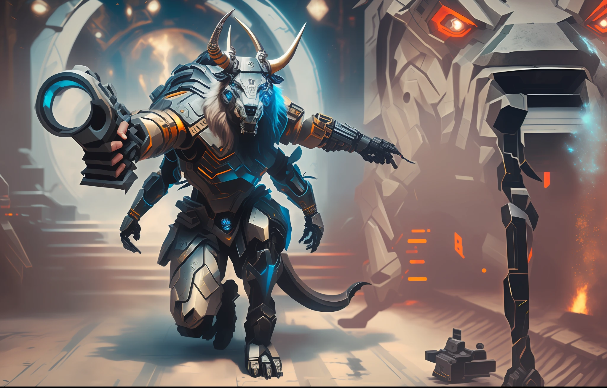 there is a robot that is holding a gun in his hand, a minotaur wolf, epic full color illustration, epic fantasy sci fi illustration, minotaur in ancient armor, minotaur, fantasy card game art, shadowrun splash art, minotaur warrior, epic scifi fantasy art, magic the gathering artstyle, detailed digital 2d fantasy art