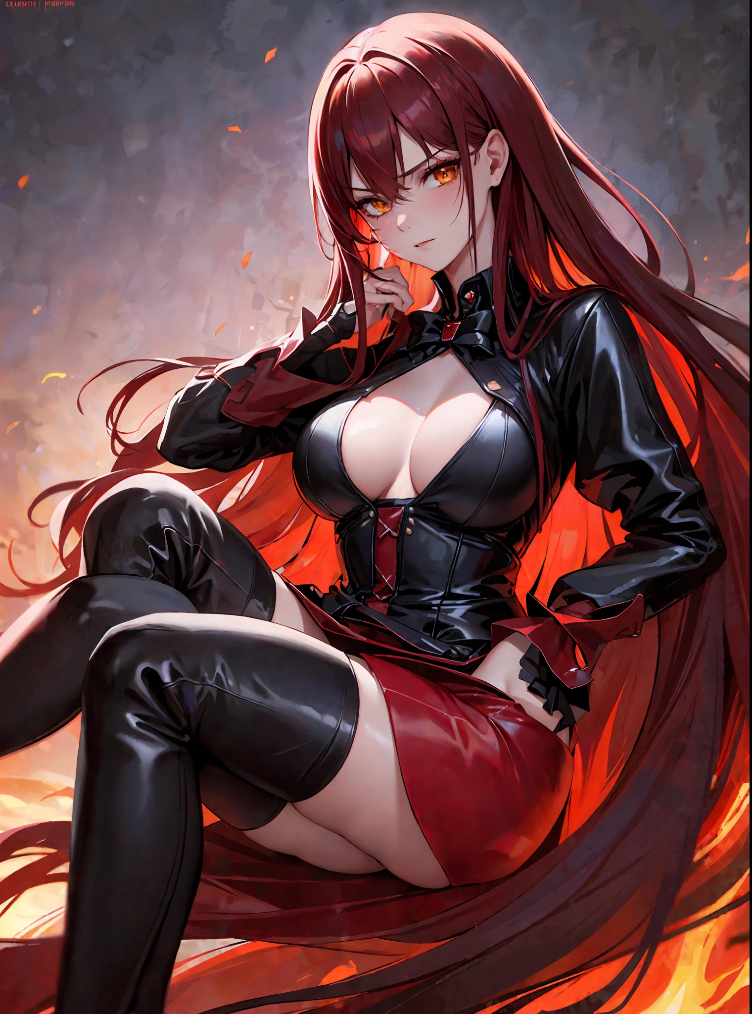 (masterpiece, best quality) an adult woman with very long red hair with short red latex dress, black bows, long stockings, black boots, torn clothes, queen, yellow eyes, serious, blood, emotionless, red sky, burning black forests, straight bangs, very long red hair, evil, (yellow eyes), gothic, red forest, medium chest, head-to-waist portrait,  cinematics, color oil painting, cinematic lighting, extremely detailed face, finely detailed face, beautiful face, beautiful eyes, perfect lighting, depth of field, realistic proportions, good anatomy,