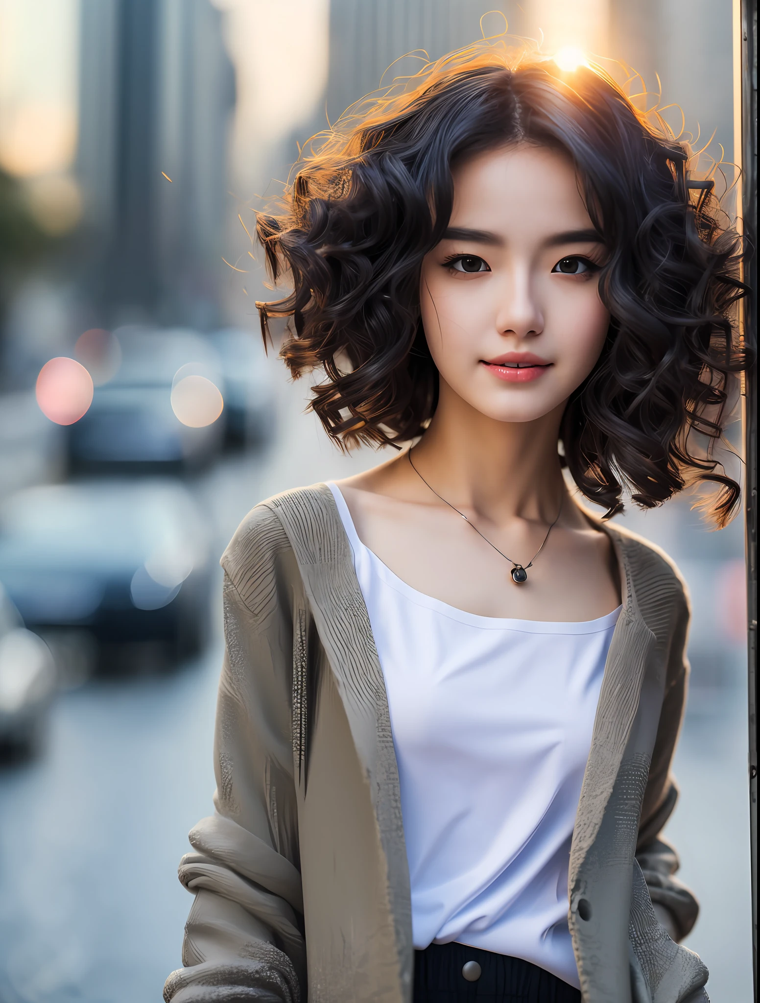 Random posture, mix4,(8k, RAW photo, best quality, masterpiece:1.2), (realistic, photo-realistic:1.37),1girl,cute,cityscape, night, rain, wet, professional lighting, photon mapping, radiosity, physically-based rendering,, gradient black colour hair,, White hair, short curly hair, handsome, girl, white ball suit, top quality picture, high resolution, 1080p, (clear face), (detailed facial description), (detailed hand description), (masterpiece), (exquisite CG), extreme light and shadow, messy hair, master's work, rich details, (fine facial features), (highest quality picture), (masterpiece), (detailed eyes),Look ahead with your eyes,Fine collarbone