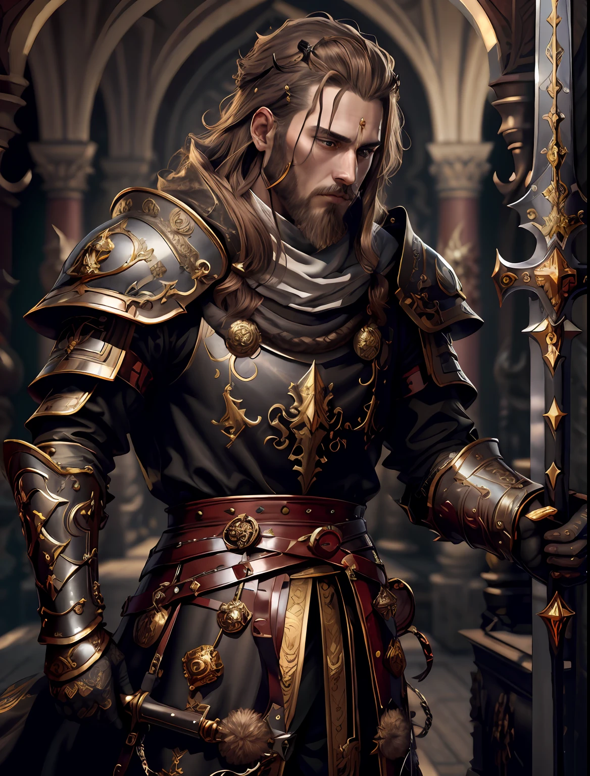 masterpiece, sharp focus, 8k, highly detailed, best quality, ultra detailed, ultra high res, (photorealistic: 1.2), (ulzzang-6500:0.5), (pureerosface_v1:0.5), Man, Majesty, no beard, King, Crown, silver metal mask on face, Black clothes, armor, brown hair, a sword, scarred skin, Put your hand on the hilt, Golden gem ring, Stand in front of the throne, Look in the distance, Photo, Details, Ultra-clear details, Perfect detail, Cowboy shot,