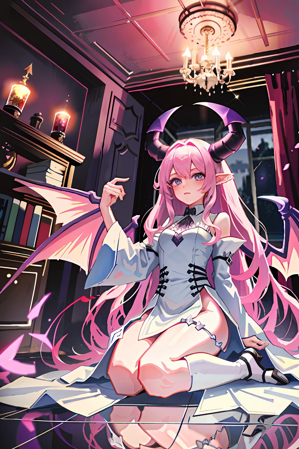 (pink castle) (white and purple clothes, pastel colors) white and pink hair, gradient hair, a goat girl demon with big horns, slim, red blood splatters, ((claws, demon wings, demon tail)), demonic armor, bloody, skulls on the floor, necromancer ritual , candles, witch, medieval, dark room, dim light, masterpiece, realistic, oil painting, fully clothed