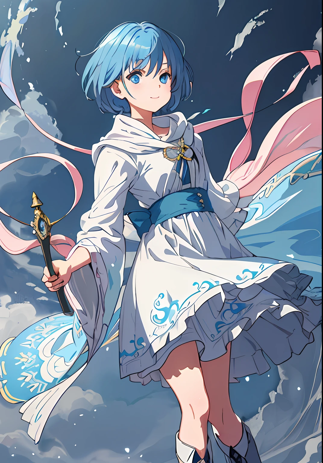 ((Masterpiece), (Best Quality)) (super detailed), (disheveled hair), photography, masterpiece, best quality, wallpaper, 1girl, short hair, sky blue hair, sky blue eyes, cute girl, , small face, short stature, short cut, droopy eyes, pink lips, delicate and slender, small breasts, smiling, white long dress, dark blue poncho, braided boots, daggers, anime, games, medieval europe ( Dramatic Lighting)), (Soft Focus) (Vibrant Colors), (Mysterious Atmosphere)