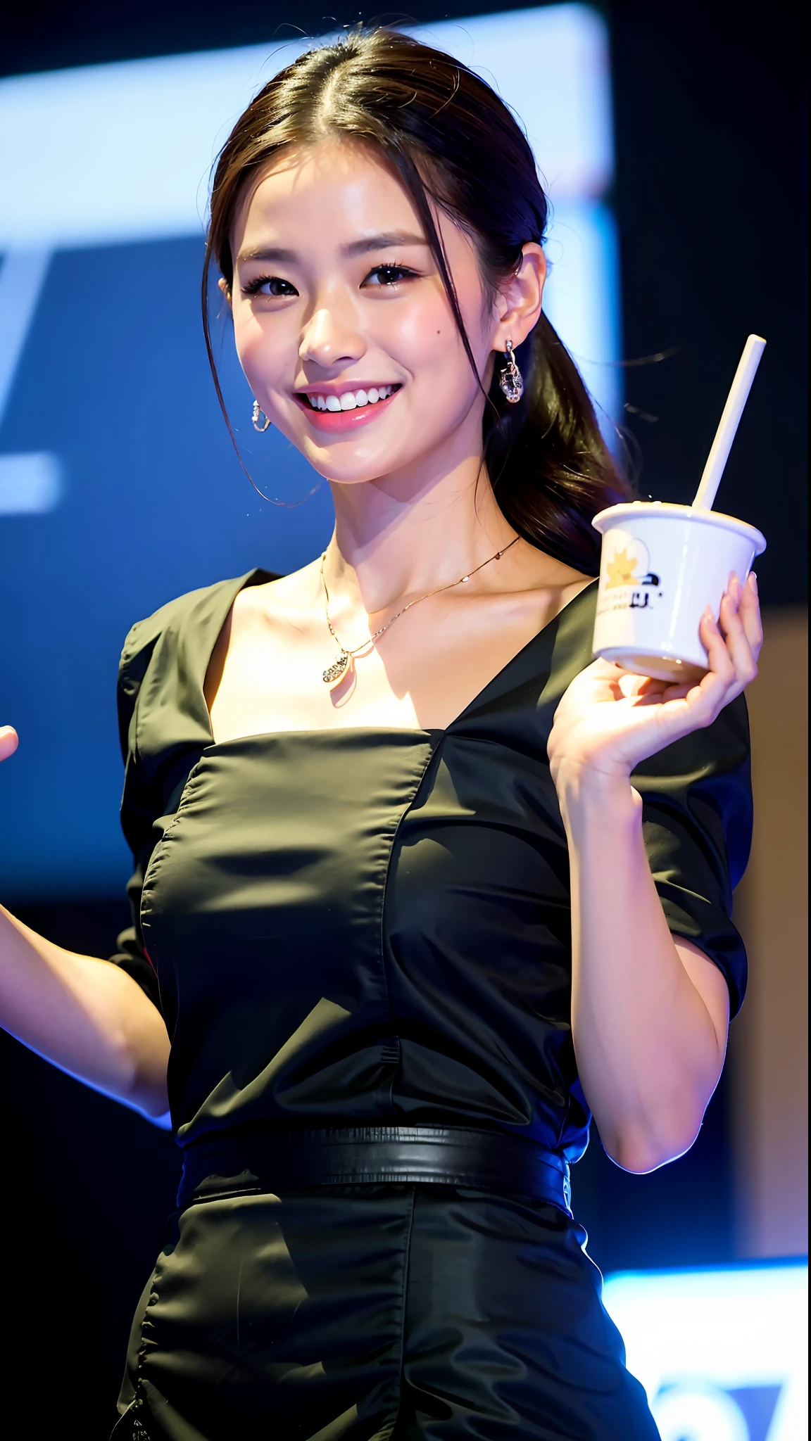 (Best quality, 8k, 32k, masterpiece, UHD: 1.2), photo of a beautiful Japanese woman, (detailed face: 1.1), simple black low-cut outfit, (looking at the audience: 1.1), upper body, necklace, dress shirt, skirt, holding a cup, stretching out your hand, smiling