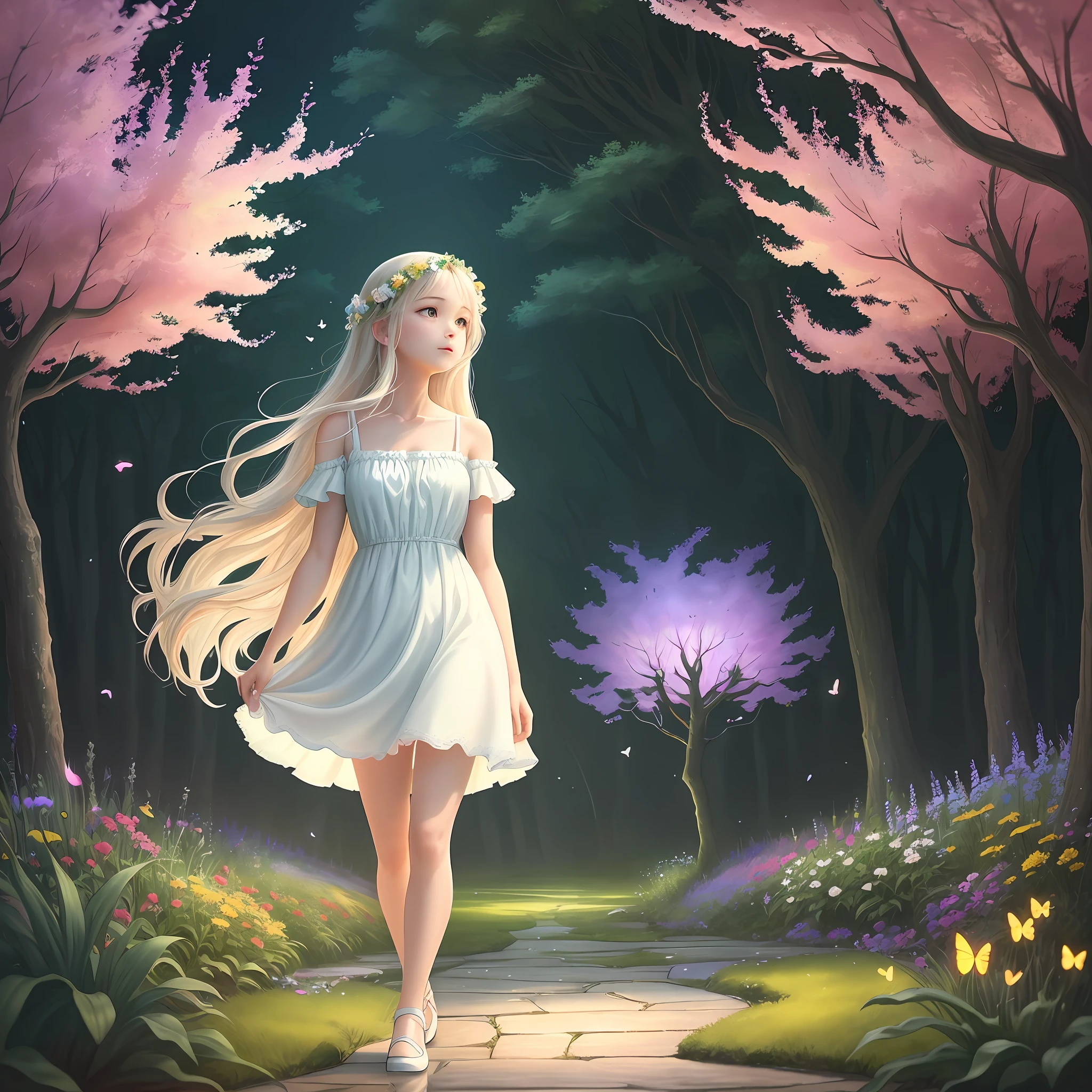 1girl, solo, full body, (masterpiece:1.21), (best quality:1.2), colorful, (illustration:1.2), (cinematic lighting:1.1), (bare shoulders:1.21), (collarbone:1.21)
In this whimsical and fantastical garden, the scene is illuminated by a rainbow of (colorful fireflies), dancing and fluttering in the air. The garden is decorated by a gentle (drizzle), creating a misty and ethereal atmosphere. In the center of the scene, there is a single girl, an extremely delicate and beautiful girl, with cute features and an innocent expression. Her long hair is flowing with the wind. She is wearing no shoulder straps dress, which is ultra low cut, highlighting her delicate curves.

The lighting is very delicate and beautiful, creating a soft and warm glow that highlights the water, making it sparkle like diamonds. The finest grass is also illuminated, creating a lush and verdant carpet. The garden is surrounded by colorful flower fields, with blooms of every color and shape. (Colorful butterflies), of every shade and size, can be seen fluttering around the scene, adding to the overall sense of wonder and magic. (look ai viewer),A blush can be seen on her nose, and her mouth is slightly open, adding to the overall sense of innocence and youthfulness. Falling petals can be seen floating around her, adding to the overall sense of romance and beauty. A gentle wind is blowing through the scene, making the leaves rustle and the flowers sway, adding to the overall sense of movement and life. This is a scene of pure wonder and magic, filled with color and beauty, where the viewer can lose themselves in the enchanting and captivating world.