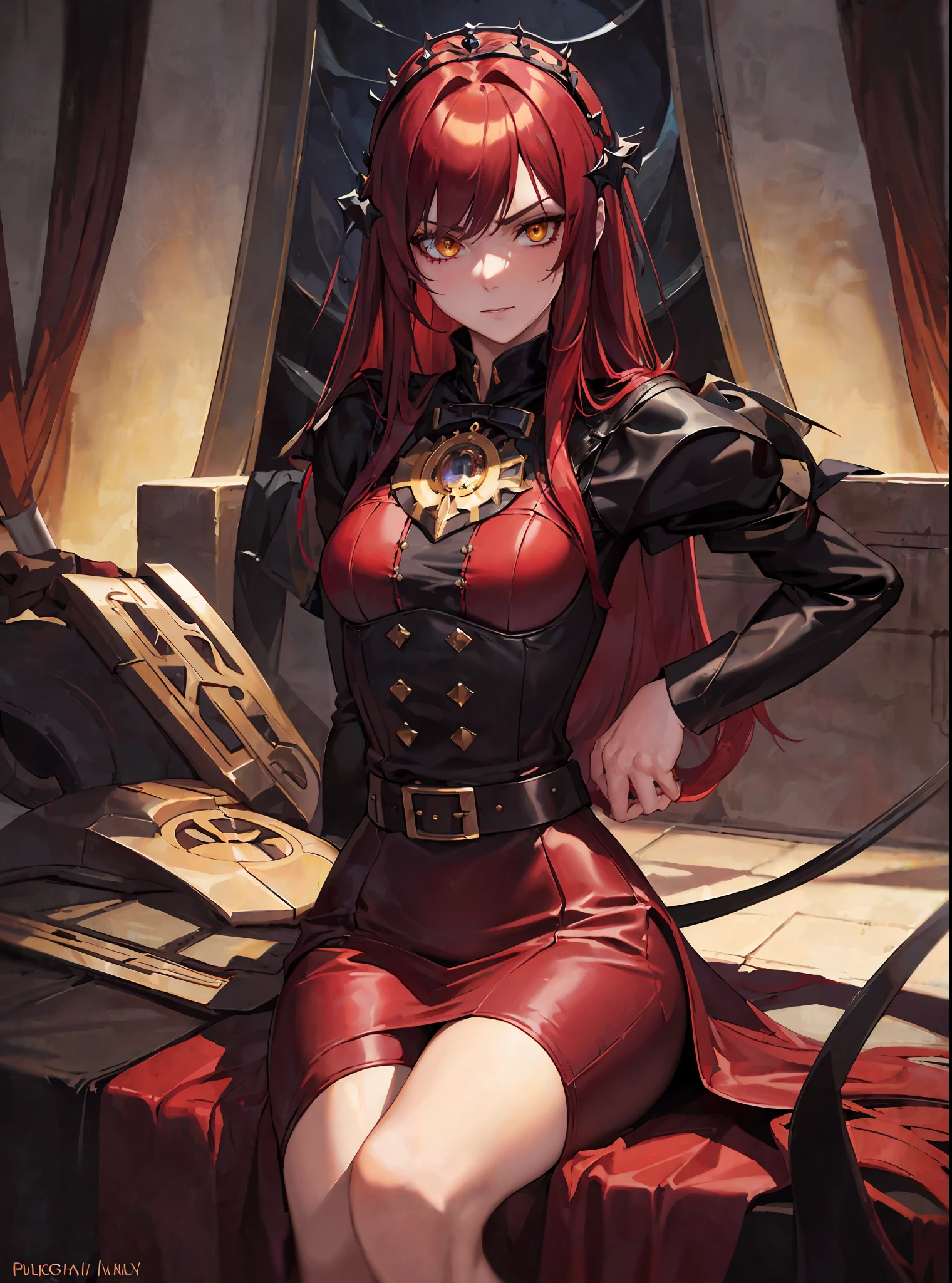(masterpiece, best quality) an adult woman with very long red hair, short dress, red leather, black bows, long stockings, queen, sitting on a throne, good anatomy, sexy, sensual clothes, correct proportions, black boots, crown, torn clothes, queen, yellow eyes, serious, blood, emotionless, white room, straight bangs, very long red hair, evil, (yellow eyes), gothic, medium chest, head-to-waist portrait, cinematics, color oil painting, cinematic lighting, extremely detailed face, finely detailed face, beautiful face, beautiful eyes, perfect lighting, depth of field, realistic proportions, good anatomy,