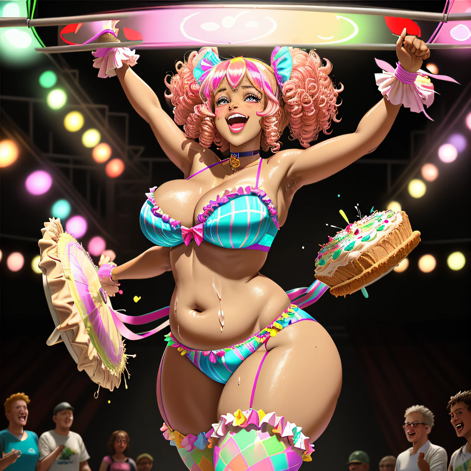 african goddess jiggly fat round belly voluptuous body, from below, 1girl, solo, glow, heterochromia eyes, really curly hair, dark skin, round belly voluptuous body, frills, ribbons, floral embroidery, neon rainbow stockings and long gloves, cute neon rainbow panties with embroidery, choker, wearing a neon rainbow garter belt, ripped costume, laughing like crazy, gameshow, pie throwing!!, competition, woman target!, pie fight!!, playful, 1woman, solo, pie throwing, pie in the face!!, wet and messy, messy game, flying cream, thrown pies!!, group shot