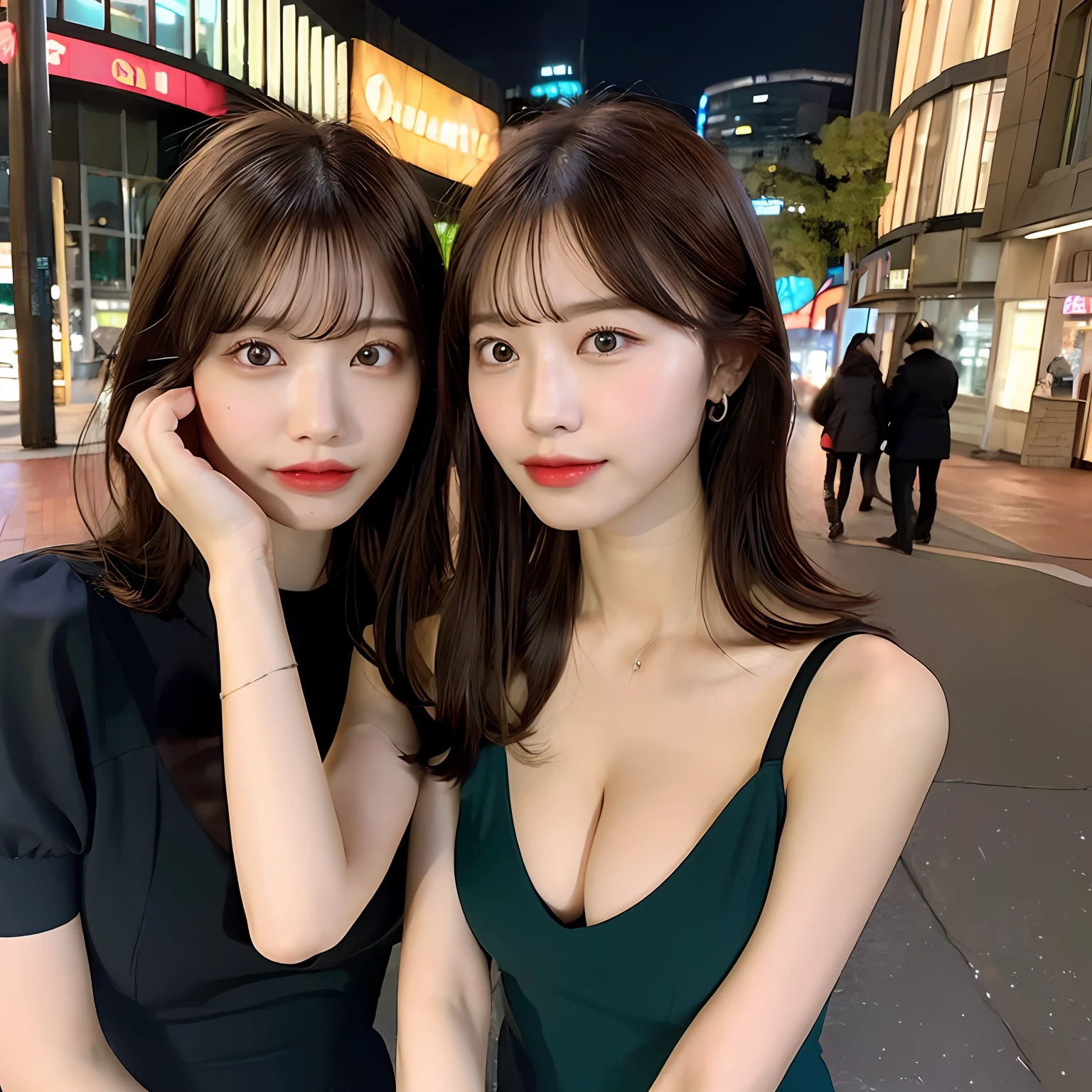 ((Realistic lighting, Best quality, 8K, Masterpiece: 1.3)), Clear focus: 1.2, 1girl, Perfect body beauty: 1.4, Slim abs: 1.1, ((dark brown hair, Big breasts: 1.3)), (Aqua dress: 1.4), (Outdoor, night: 1.1), City streets, Super fine face, fine eyes, double eyelids, exposed cleavage