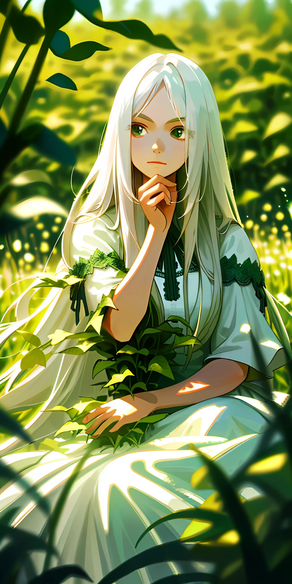 (masterpiece, best quality),1girl with long white hair sitting in a field of green plants and flowers, her hand under her chin, warm lighting, white dress, blurry foreground