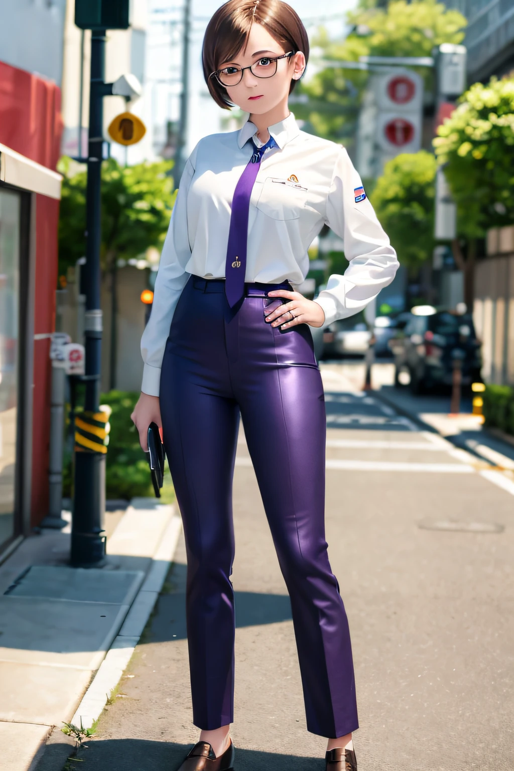 ((masterpiece)). ((best quality)), 1girl, solo, short hair, brown hair, purple eyes, (full body), standing, hands on hip, bangs, japanese police uniform, glasses, tokyo city backdrop, (white shirt), (dark blue pants, tie), matching shoes,