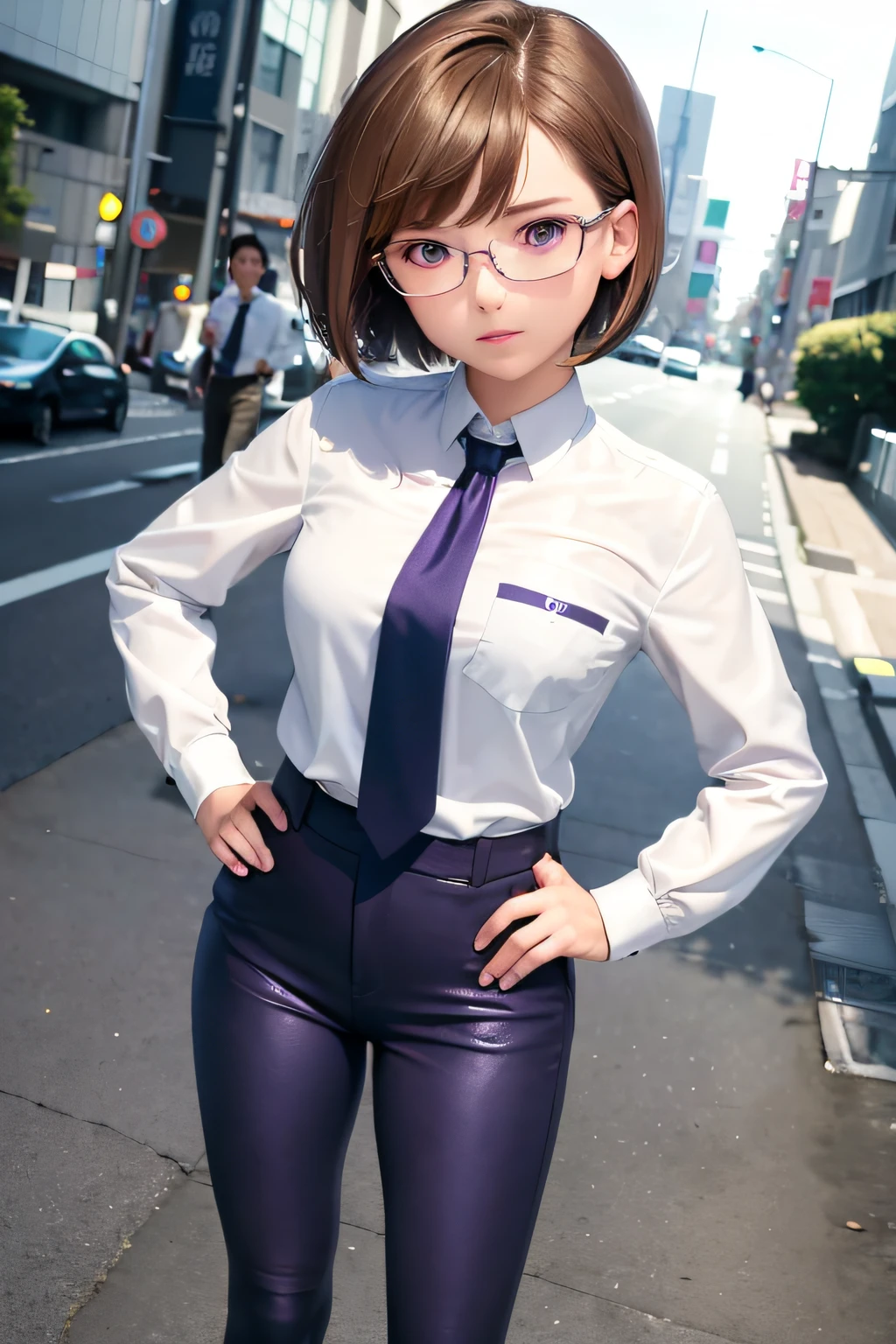 ((masterpiece)). ((best quality)), 1girl, solo, short hair, brown hair, purple eyes, (full body), standing, hands on hip, bangs, japanese police uniform, glasses, tokyo city backdrop, (white shirt), (dark blue pants, tie), matching shoes,