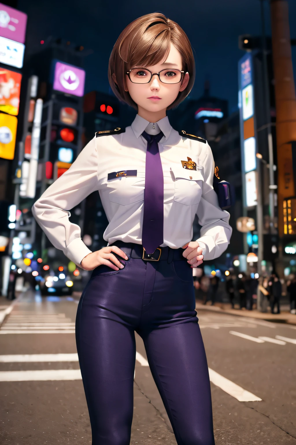 ((masterpiece)). ((best quality)), 1girl, solo, short hair, brown hair, purple eyes, (full body), standing, hands on hip, bangs, japanese police uniform, glasses, tokyo city backdrop, (white shirt), (dark blue pants, tie), matching shoes,