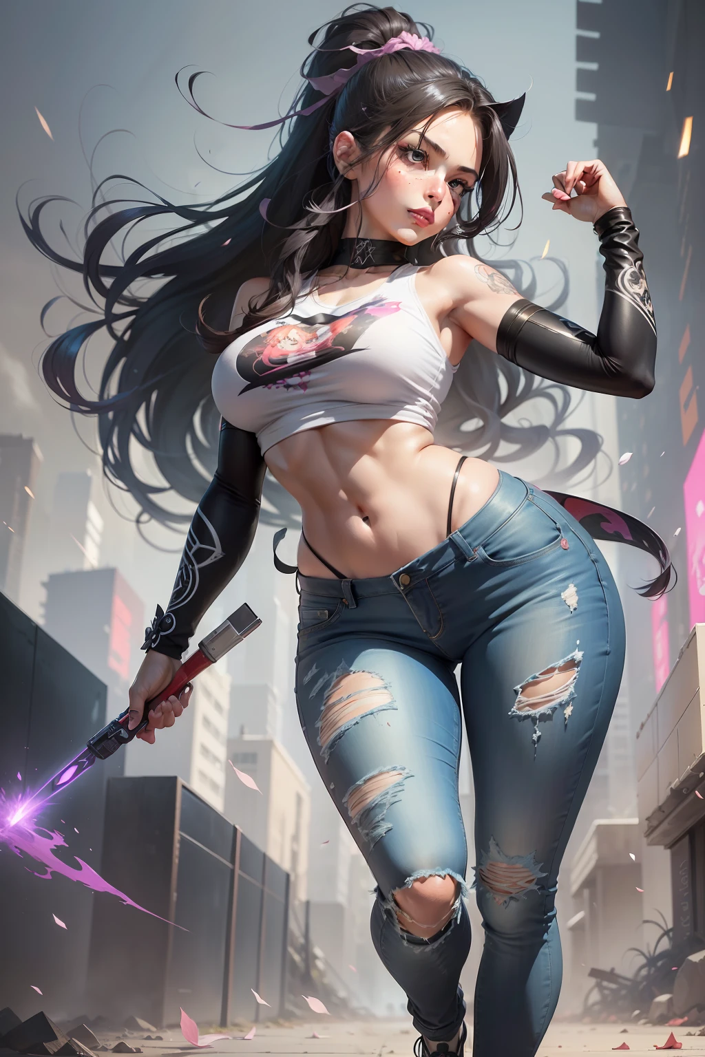 :: comix style by Serg Acuna:: beautiful, perfect and detailed, ultra detailed anime style mmorpg last origin clothes with tatoon designs and colors of light pink, black, white and gray, in various full-body attack poses and with immersive effects, hover effect, background graffiti style with vibrant colors "ultra HDR" detailed and with focus effect, sidewalk with black converse sneakers (masterpiece: 1.2, best quality), (finely detailed beautiful eyes: 1.2), ((1Girl Kelly Brook Beautiful Woman )),long, straight black hair, with a natural glow and stuck like a ponytail ((Solo)), (Red eyes:1.4), (Finely detailed eyes and detailed face:1.3),), (With ULTRA DETAILED jeans and a white t-shirt with full ultra detailed tatoom print:1.3), (Beautiful and clear background:1.2), (Extremely detailed CG, Ultra-detailed, Best Shadow:1.1),("" character demonstrating his super power in the fist"")((Depth of field and blur)), ((Watercolor)), Large breasts, Bare shoulders, Flowers and petals, Beautiful conceptual illustration , (white background:0.5), (Illustration :1.1), (extremely thin and beautiful: 1.1), (perfect details: 1.1) graffiti style background, freedom, soul, digital illustration, perfect anatomy, centered, approaching perfection, dynamic, highly detailed, watercolor painting, artstation, conceptual art, smooth, sharp focus, illustration, art by meat Griffiths and Wadim Kashin, heterochromia, perfect anatomy, centered, approaching perfection, dynamic, highly detailed, character sheet, artstation, conceptual art, smooth, sharp focus, illustration, art by Kim Jung Gi,, Artgerm, Carne Griffiths and Wadim Kashin , Sasha Yakovleva, Loish, Jeremy Mann, Full Body Shot, Character Sheet, Lightning Wave, Beautiful Anime Watercolor Painting, Paint Dripping by Tim Okamura, Victor NizoVTSEV, Greg Rutkowski, Noah Bradley. Trend in Artstation, 8K, Masterpiece, Graffiti Ink, Fine Detail, Full of Color, Intricate Detail, Propose Illustration