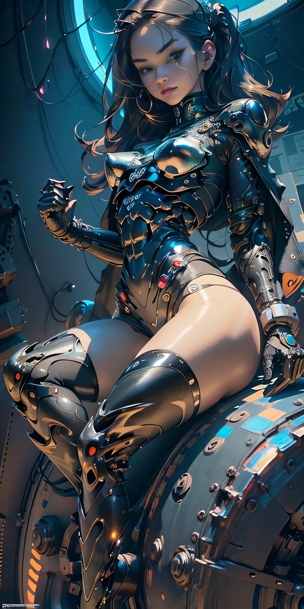 Woman body defined thick thighs cybernetic body parts, short underwear,Dark,pov,dynamic angle,1girl, (((masterpiece))), (((best quality))), ((ultra-detailed)), (illustration), (detailed light),((an extremely delicate and beautiful)),dramatic_shadow,ray_tracing,reflection,