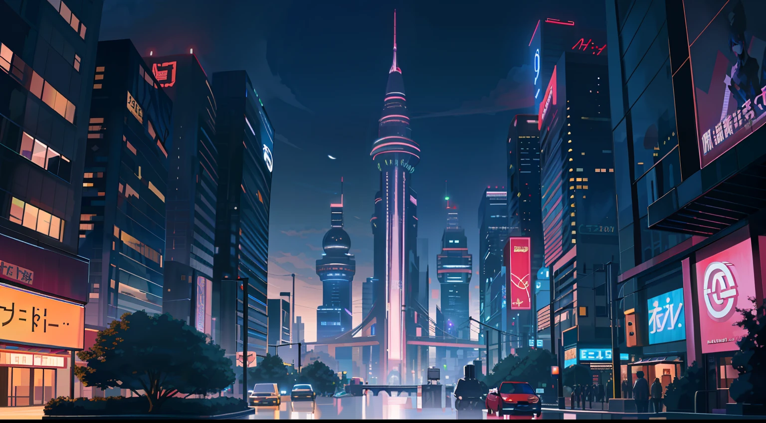 bustling city, lights, night, masterpieces, HD, high quality, best quality, highres, high quality, high details, masterpiece, anime style, anime