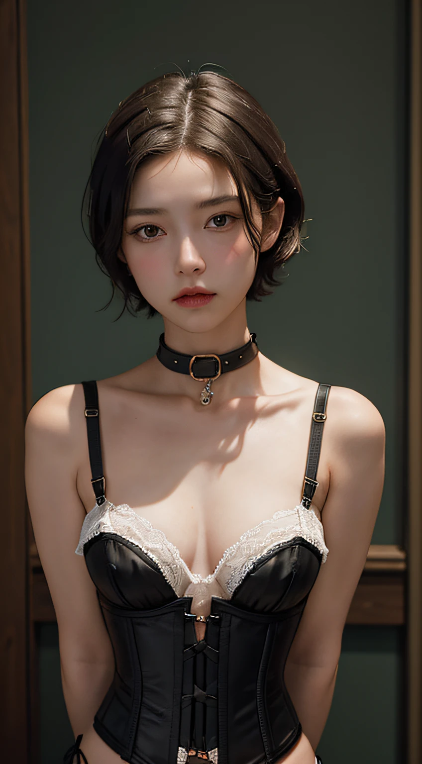 (Best Quality, Masterpiece: 1.1), (Fidelity: 1.4), 1 Girl, Upper Body, Very Short Hair, Studio,BDSM,slave,Black Corset,Bondage,Slave Collar,Slave,Panties