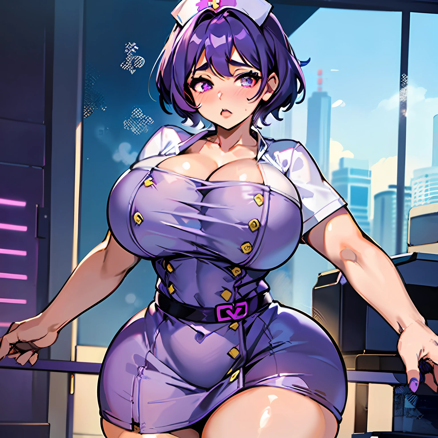 Anime girl, big butt, huge breasts, big hips, curvy girl, fleshy lips, soft skin, short hair, purple and blue hair, thick legs, thick thighs, bedroom, prancing ass, sweating, botox lips, mini skirt, (nurse, kiss on the mouth, 2 girls).