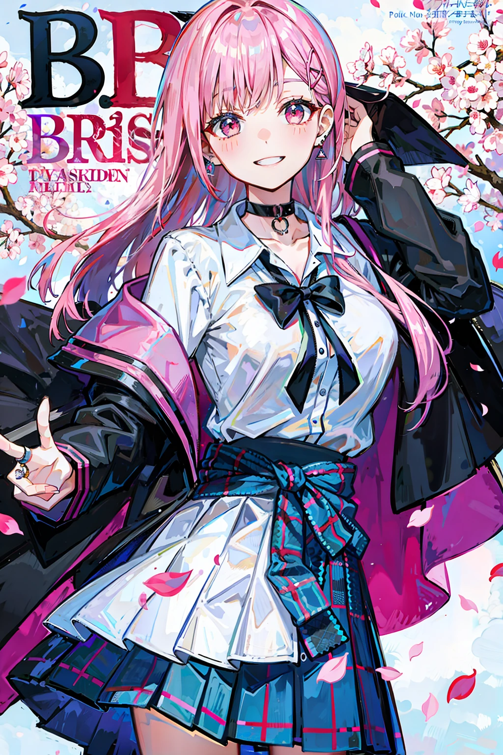 masterpiece, best quality, full body, 1girl, bangs, black choker, black tie, pink hair, blue skirt, blush, bracelet, large breasts, choker, clothes around the waist, collarbone, collar shirt, cowboy shot, dress shirt, ear piercing, eyebrows visible through hair, gradient hair, smile, gyaru, jewelry, kogal, long hair, looking at the viewer, loose tie, tie, piercing, plaid skirt, pleated skirt, red eyes, ring, school uniform, shirt, skirt, smile, solo, white shirt, street, sky, cherry blossoms, petals, illustration, (magazine: 1.3), (cover style: 1.3), elegant, woman, vibrant, clothing, posing, frontal, colorful, dynamic, background, elements, confident, expression, holding, statement, accessory, majestic, rolled, around, touch, scene, text, cover, bold, eye-catching, title, stylish, font, catchy, headline, bigger, impressive, modern, fashionable, focus, fashion,